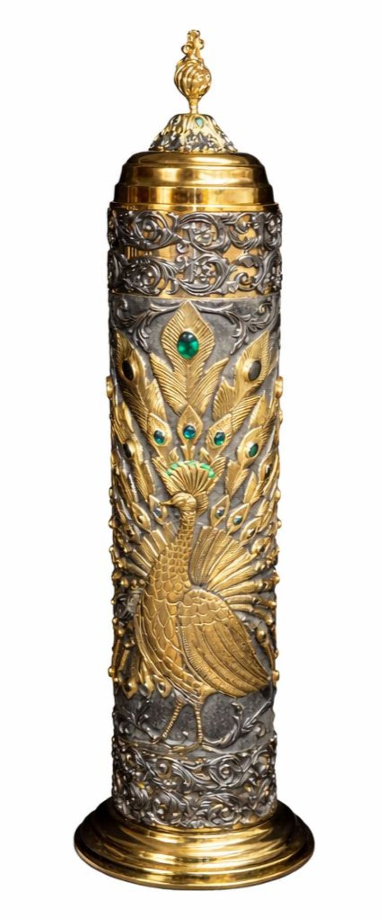 Scroll of Esther ceremonial case handcrafted in sterling silver and gold with peacock motif