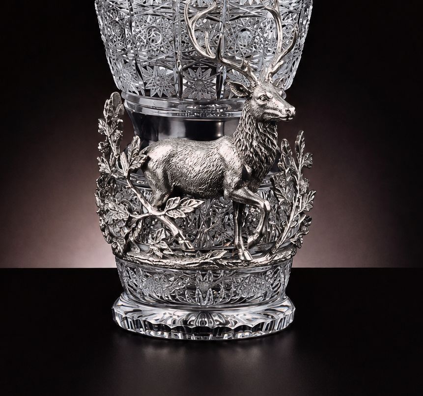 Detail of the sculpted sterling silver stag, branches and forest foliage supporting the hand-cut Bohemian crystal vase.