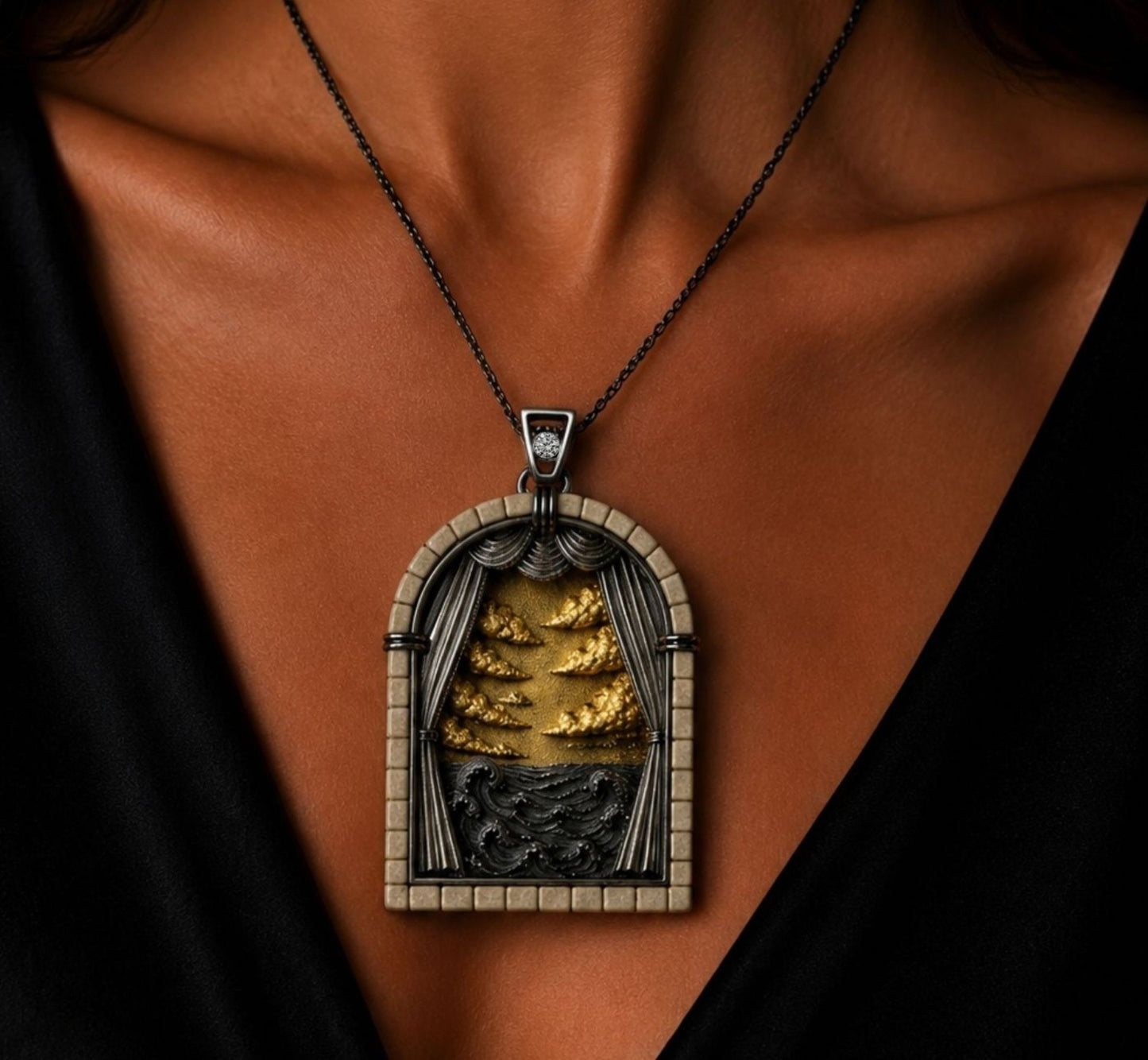 Days of Creation Second Day pendant worn on necklace featuring sterling silver waves, gilded clouds, Jerusalem stone and diamond