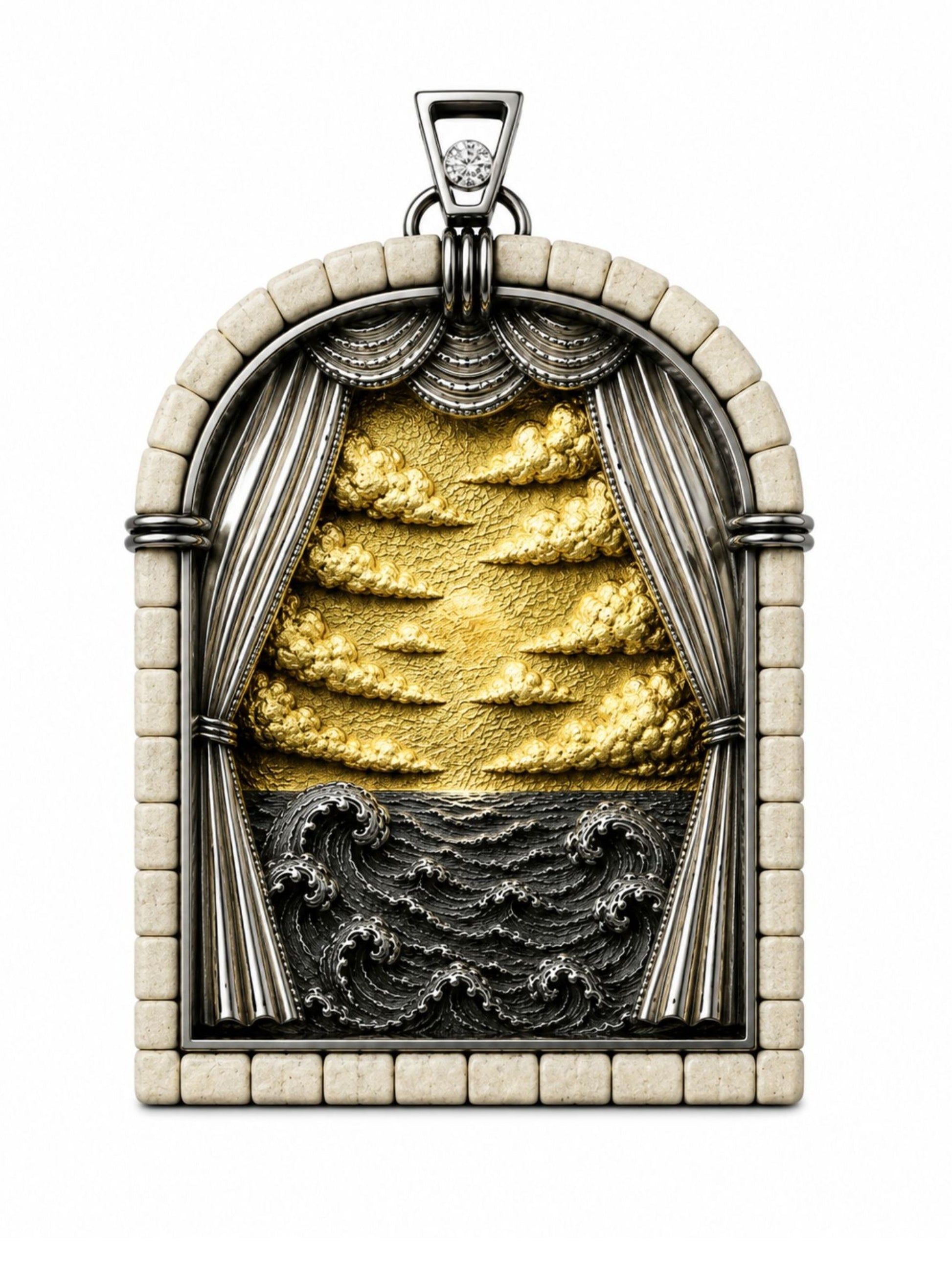Days of Creation Second Day pendant in sterling silver with 24K gold gilding, Jerusalem stone frame, diamond, clouds and waves relief by Konforti Jewelry