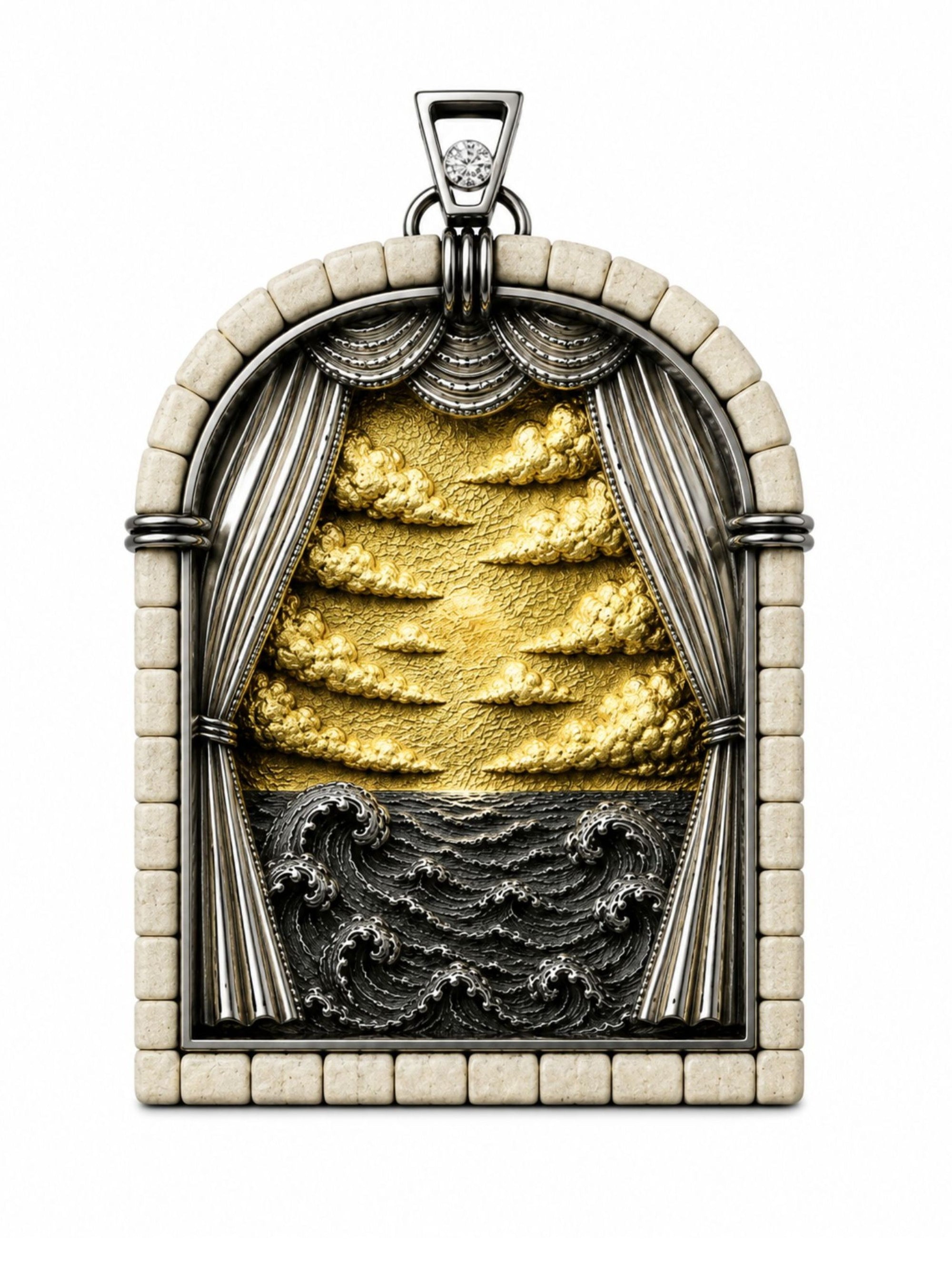 Days of Creation Second Day pendant in sterling silver with 24K gold gilding, Jerusalem stone frame, diamond, clouds and waves relief by Konforti Jewelry