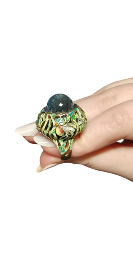 Shimmering Pond ring in 18K yellow gold with pear-shaped blue topaz and hot enamel artwork, from the Stone Garden Collection by Konforti Jewelry