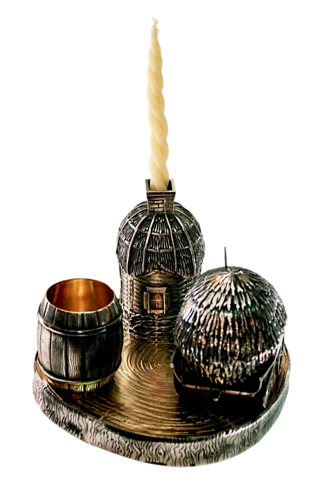 Shtetl Havdalah Judaica centerpiece in sterling silver and 24K gold, featuring the full composition arranged on the sculpted tray