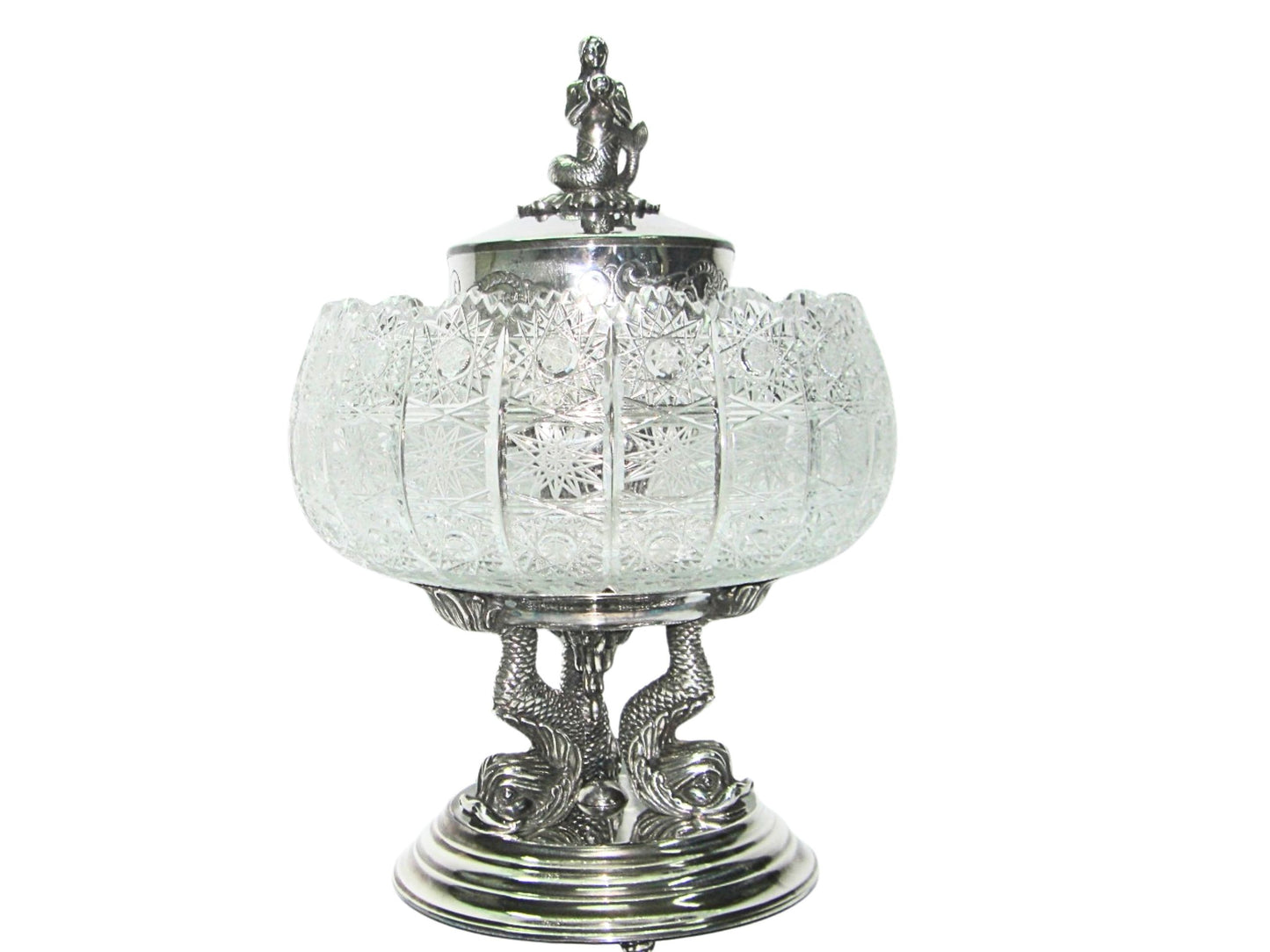 Alternate presentation of the “Enchantress of the Sea” sculptural silver caviar server shown with a different crystal platter shape, illustrating a possible variation in the crystal component.