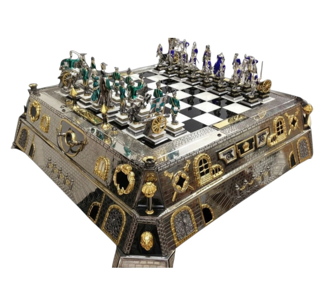 Side view of the “Napoleon I and the Campaign of 1812 vs. Alexander I” monumental sculptural silver chess set, highlighting the fortress-style architectural board with onyx elements and hot enamel detailing.