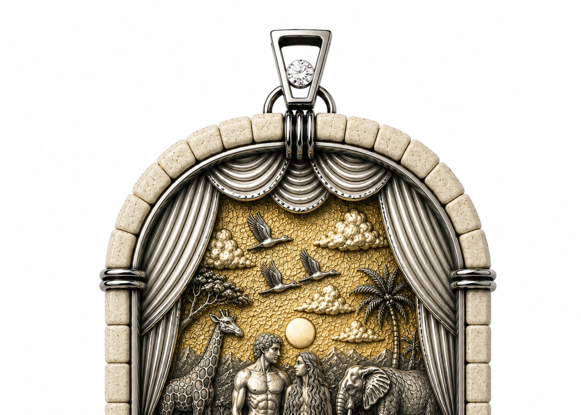 Close-up detail of the Sixth Day of Creation pendant showing birds flying beneath gilded heavens above the Garden of Eden.