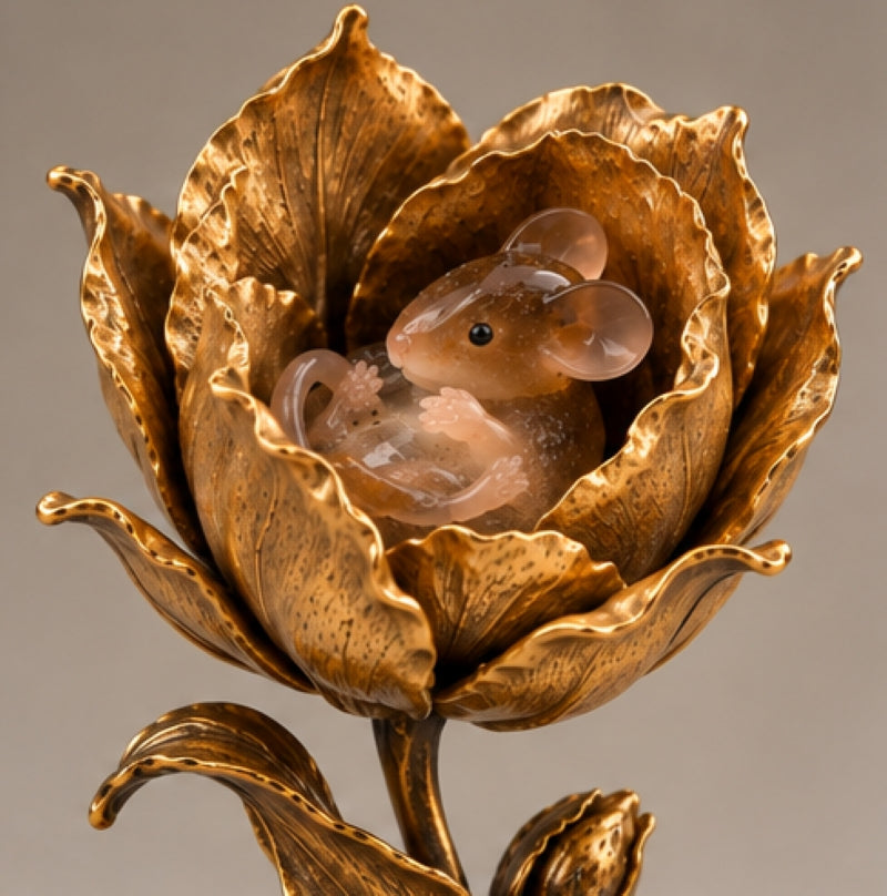 Bronze Flower Sculpture with Hand-Carved Smoky Quartz Mouse and Black Onyx Eyes