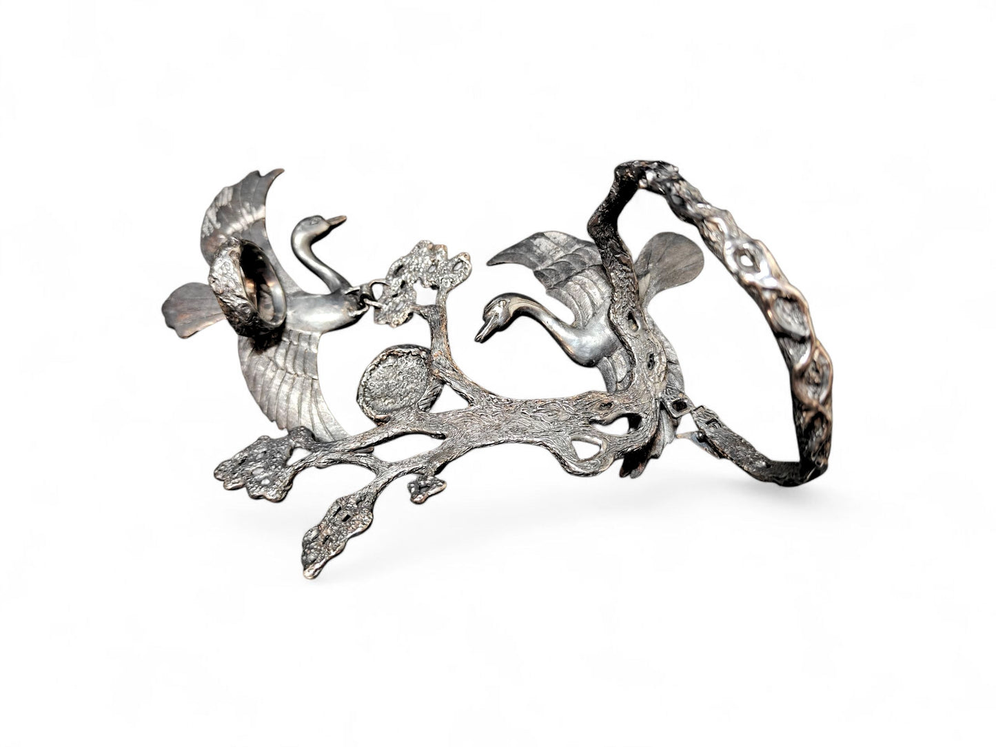 Inside view of the Song of the Nest Set revealing the detailed 960 silver craftsmanship, subtle 24K gold accents, and artistic silver tarnishing that brings depth and natural character to the ring and bracelet design.