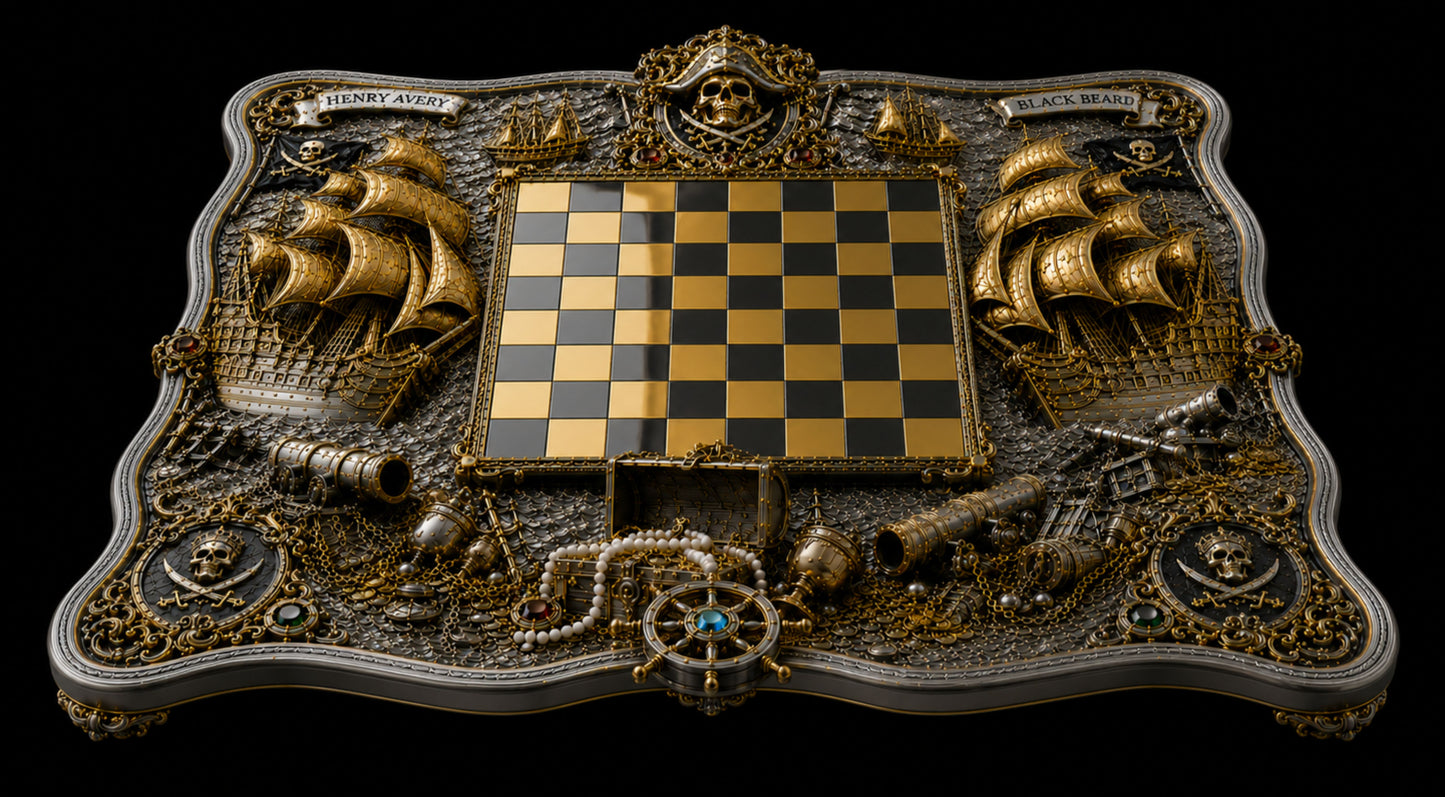 Spanish Treasure Galleon sterling silver pirate chess set with sculpted ships, cannons and treasure