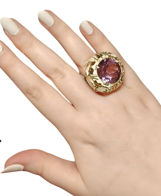 Front view of the handcrafted Floral Fantasy Ring with 32-carat ametrine, 18K yellow gold, detailed hot enamel painting of flowers, set with diamonds and sapphire gemstones– exclusive fine jewelry design