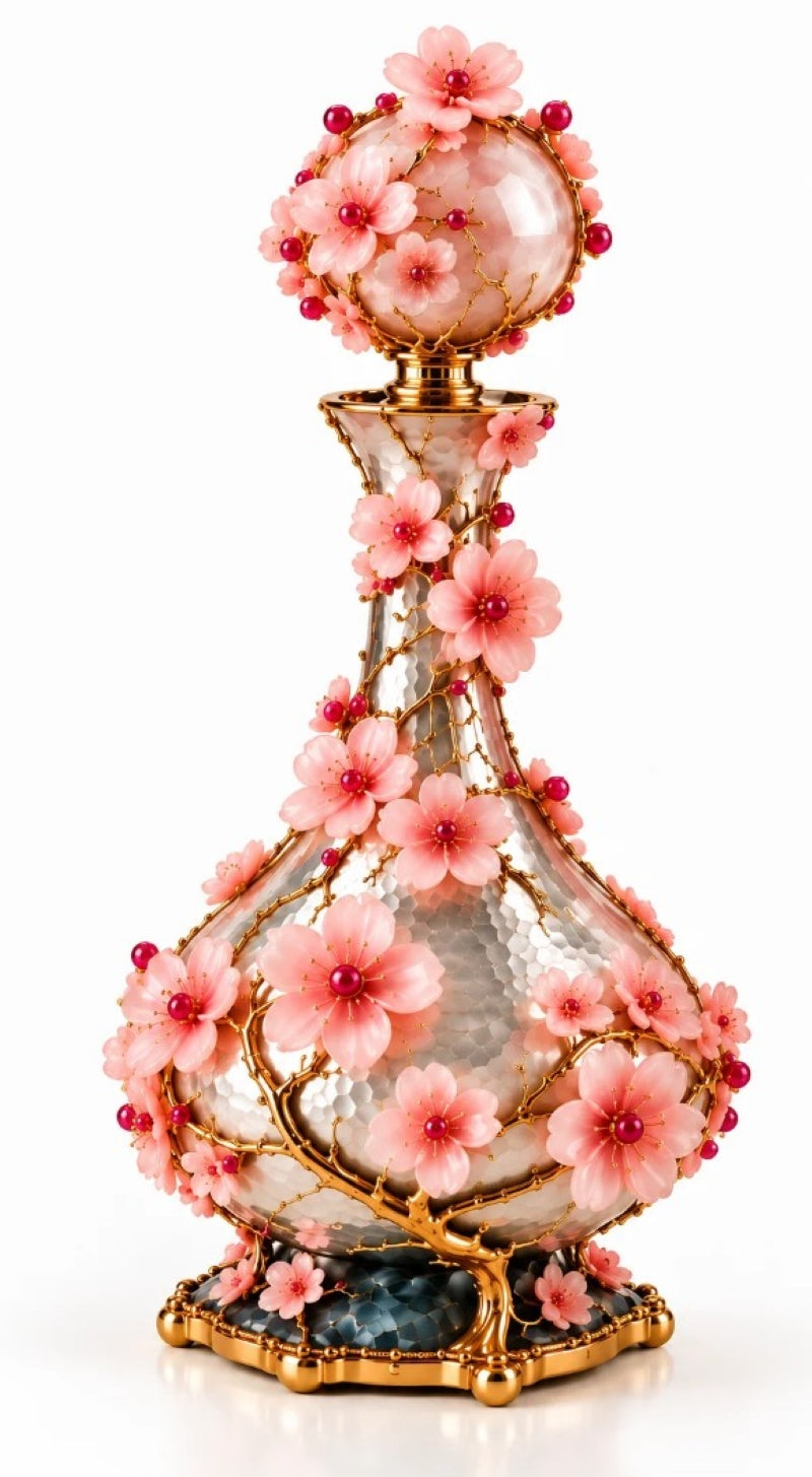 Art Nouveau Cherry Blossom Wine Pitcher with Pink Opal, Sterling Silver