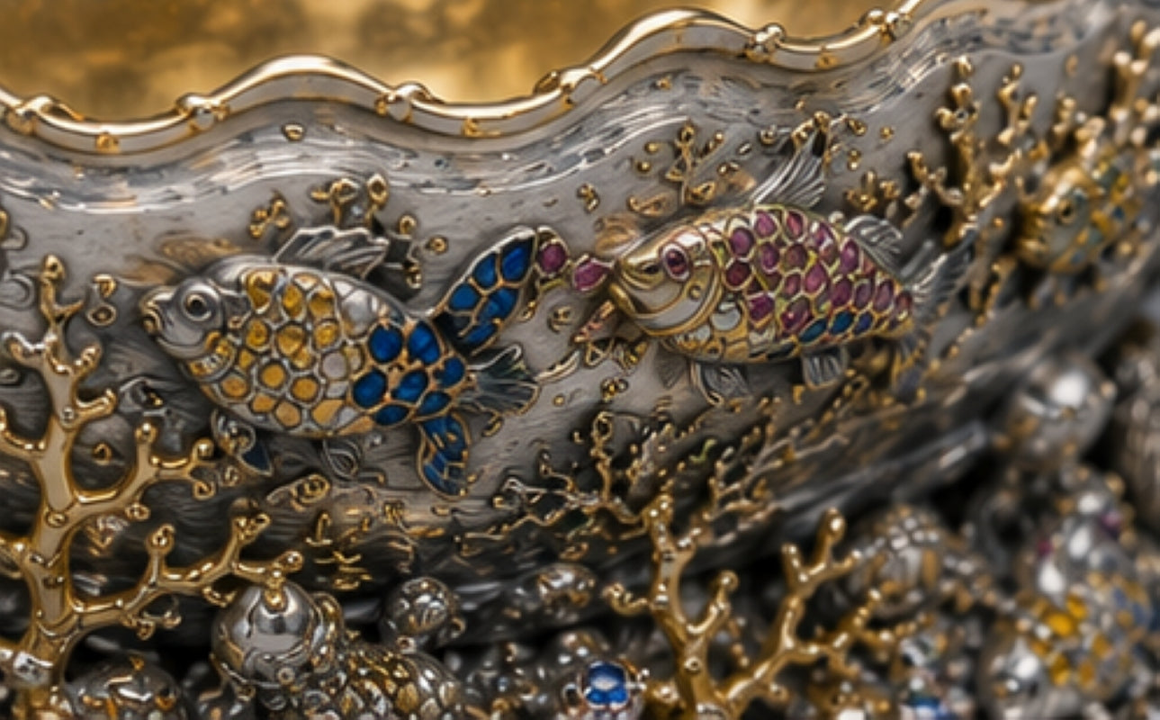 Close-up of hot enamel fish and gilded coral on Konforti sterling silver champagne cooler