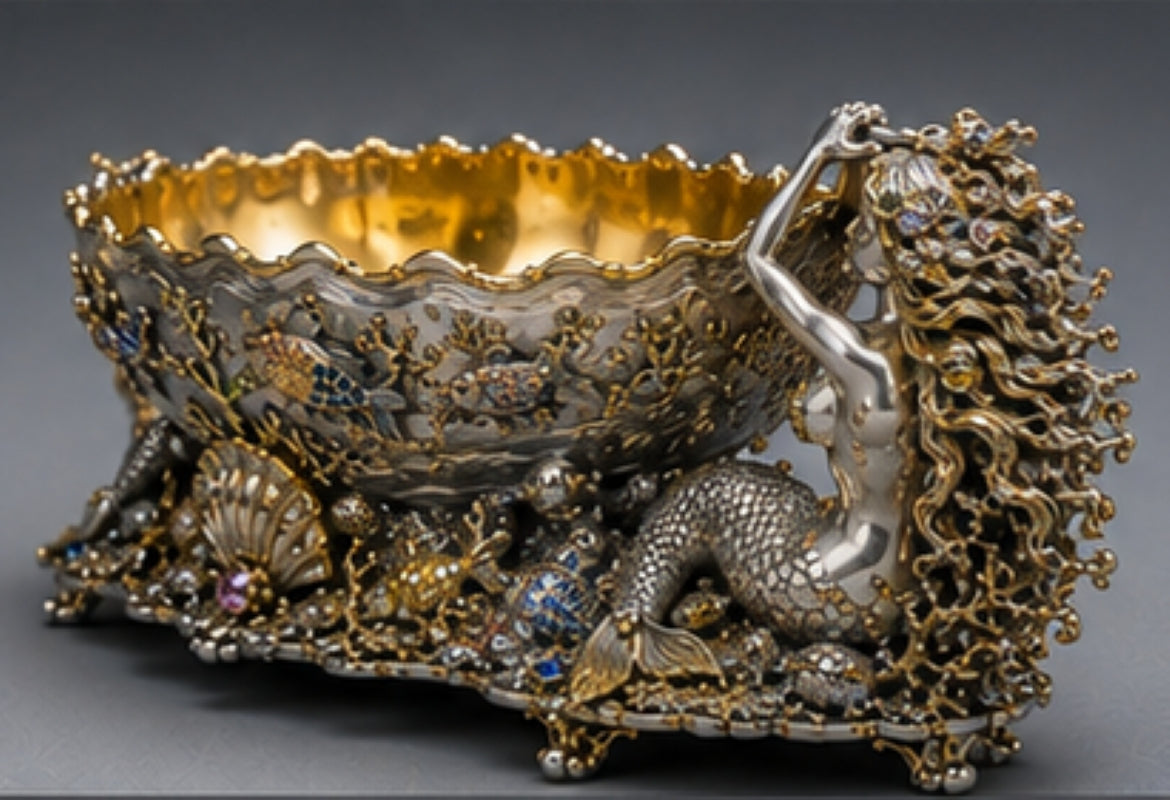 Luxury sterling silver mermaid champagne cooler with 24K gold interior, sculptural coral, enamel fish and gemstones