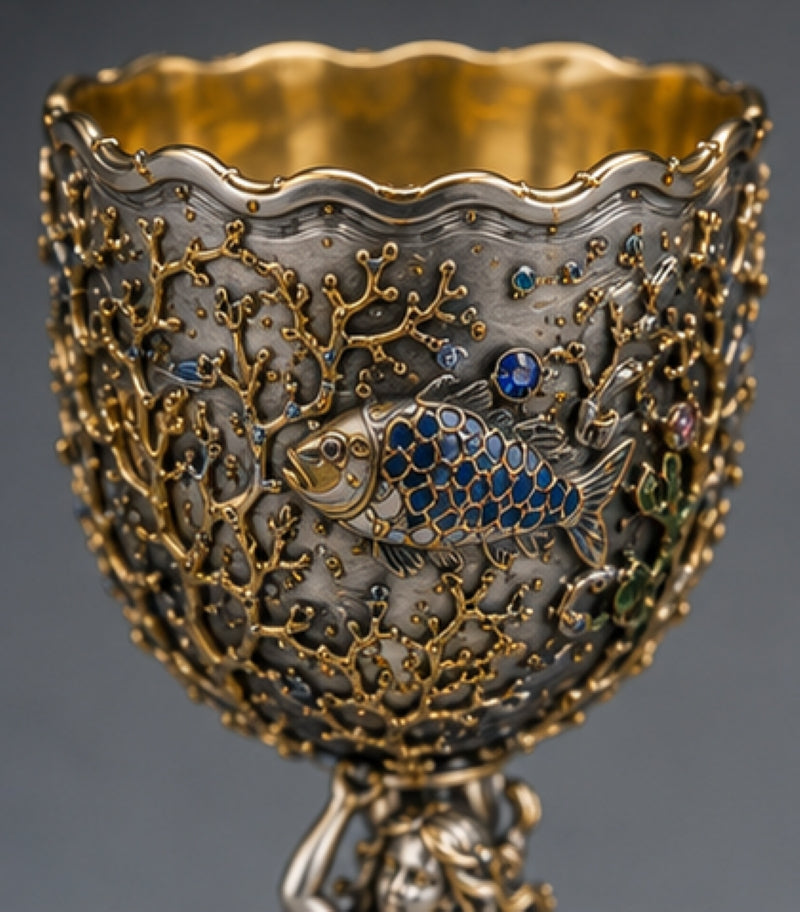 Sterling silver champagne goblet with 24K gold vermeil interior, hot enamel fish and gilded coral by Konforti