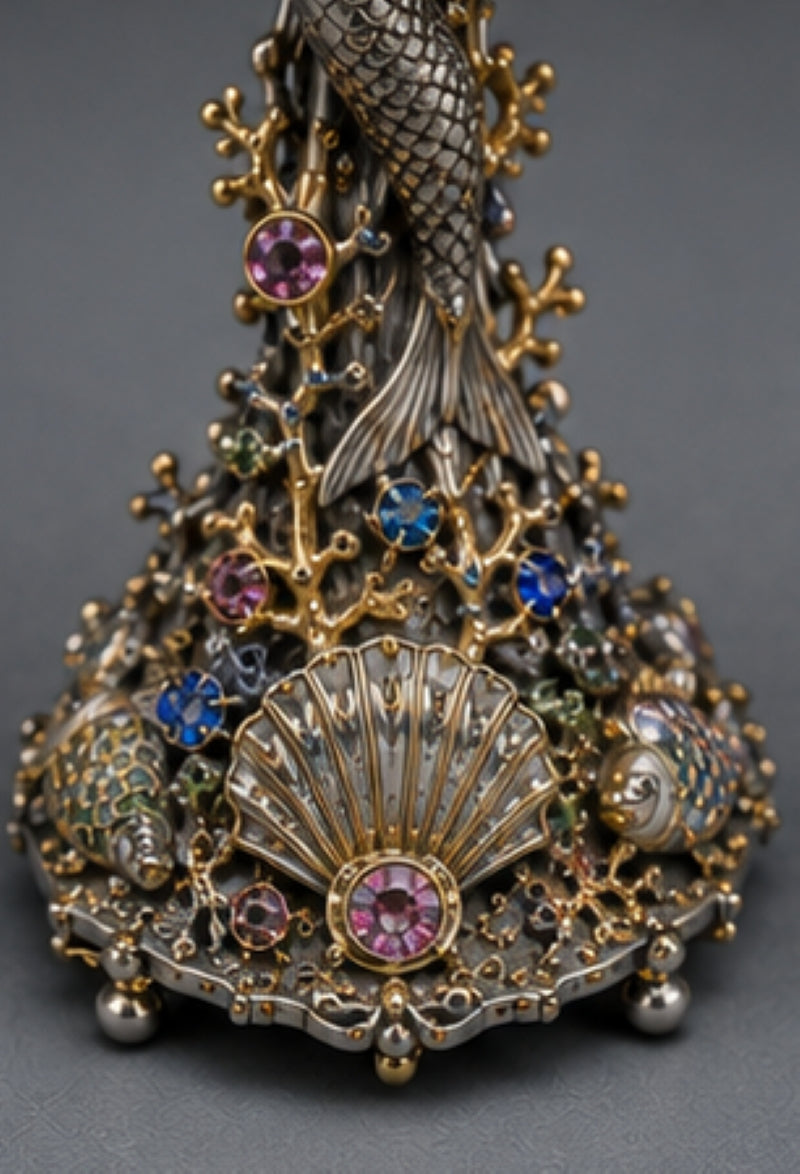 Sterling silver mermaid champagne goblet base with sculptural seashell, gilded coral, ametrine and topaz gemstones