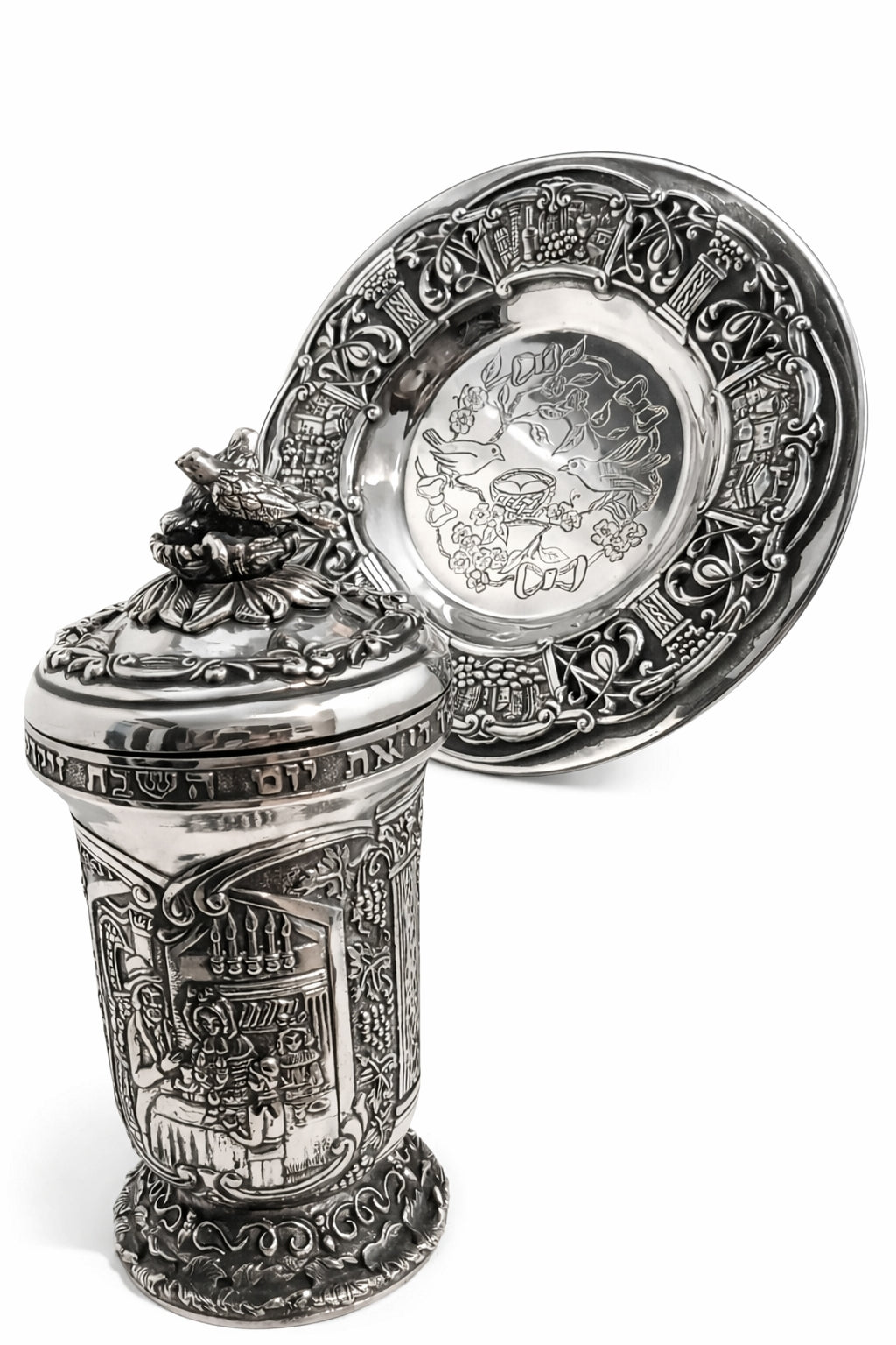 Sterling silver Kiddush cup with lid and plate full set handmade Judaica Shabbat ritual object
