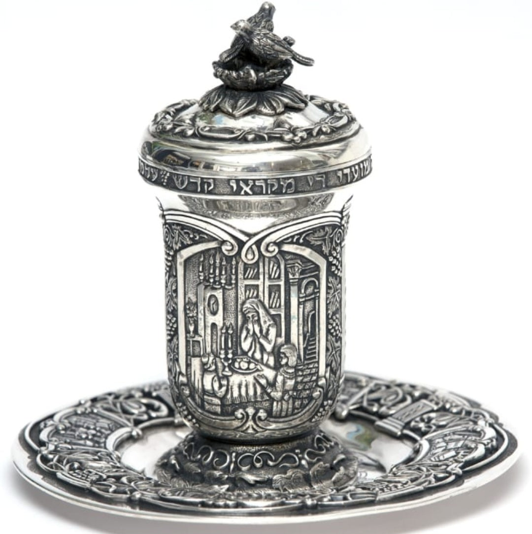 Handcrafted sterling silver Kiddush cup and plate set Judaica with Shabbat family scenes and vermeil interior