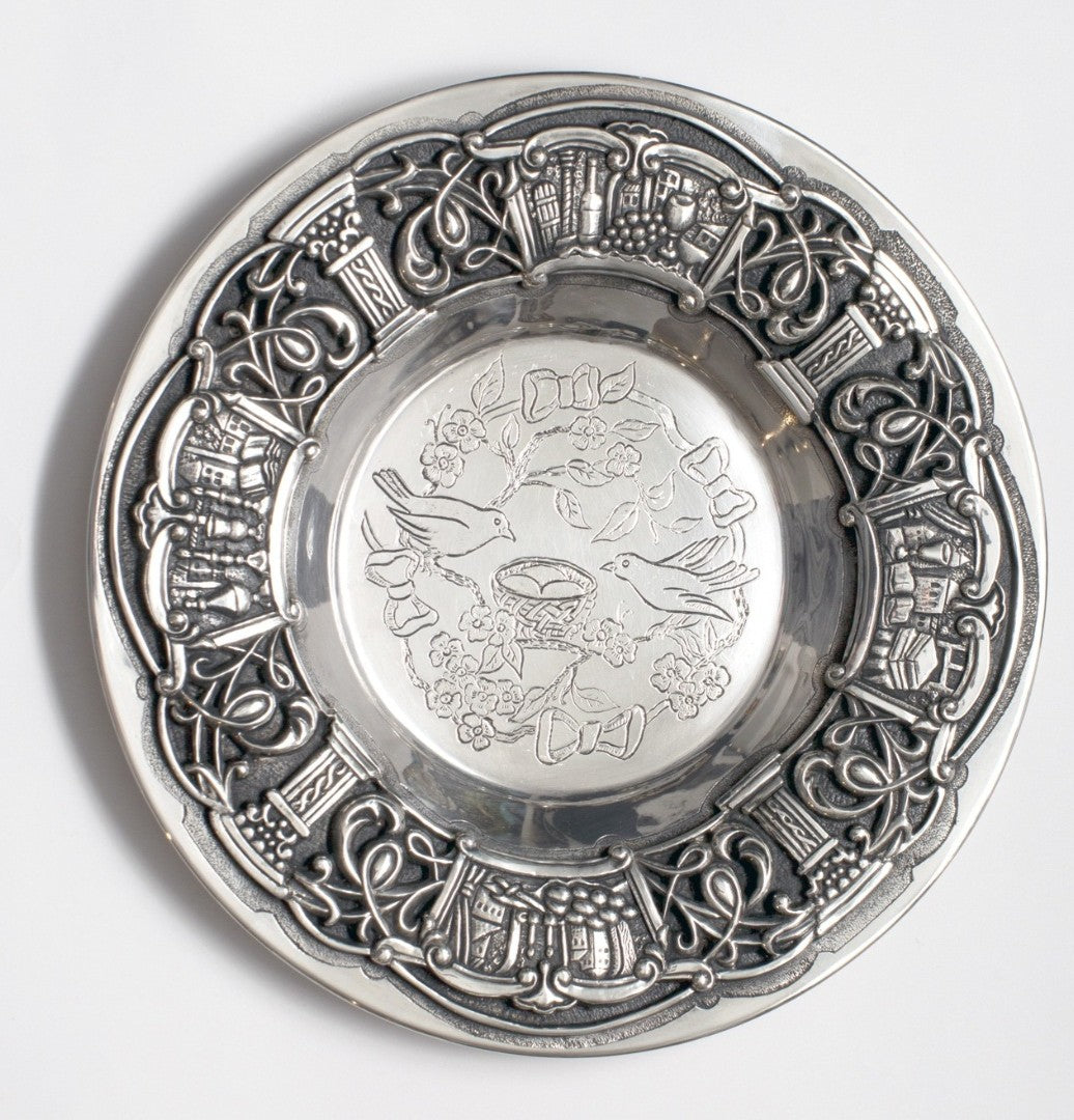 Sterling silver Kiddush plate Judaica with birds nesting and family symbolism full view