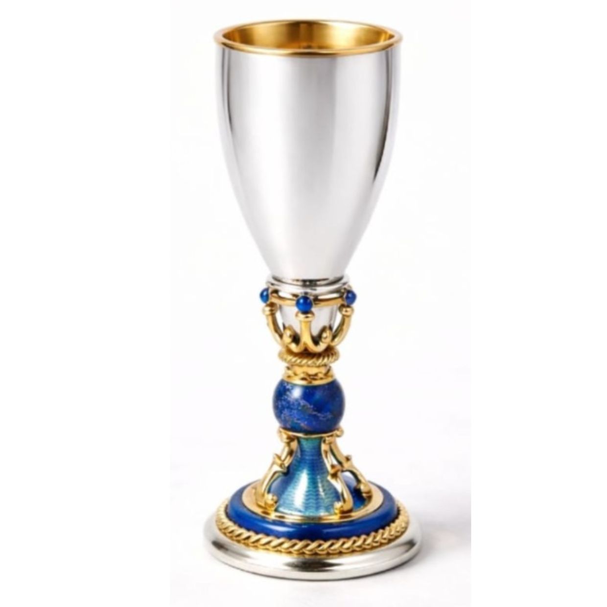 Handcrafted sterling silver liqueur cup with lapis lazuli stem, guilloché enamel and gold vermeil interior and detailing