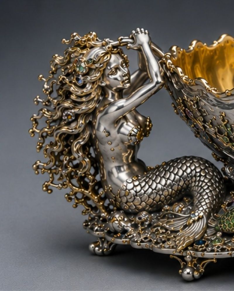 Sculptural sterling silver mermaid detail on Kingdom of the Sea champagne cooler with gilded hair and gemstone accents