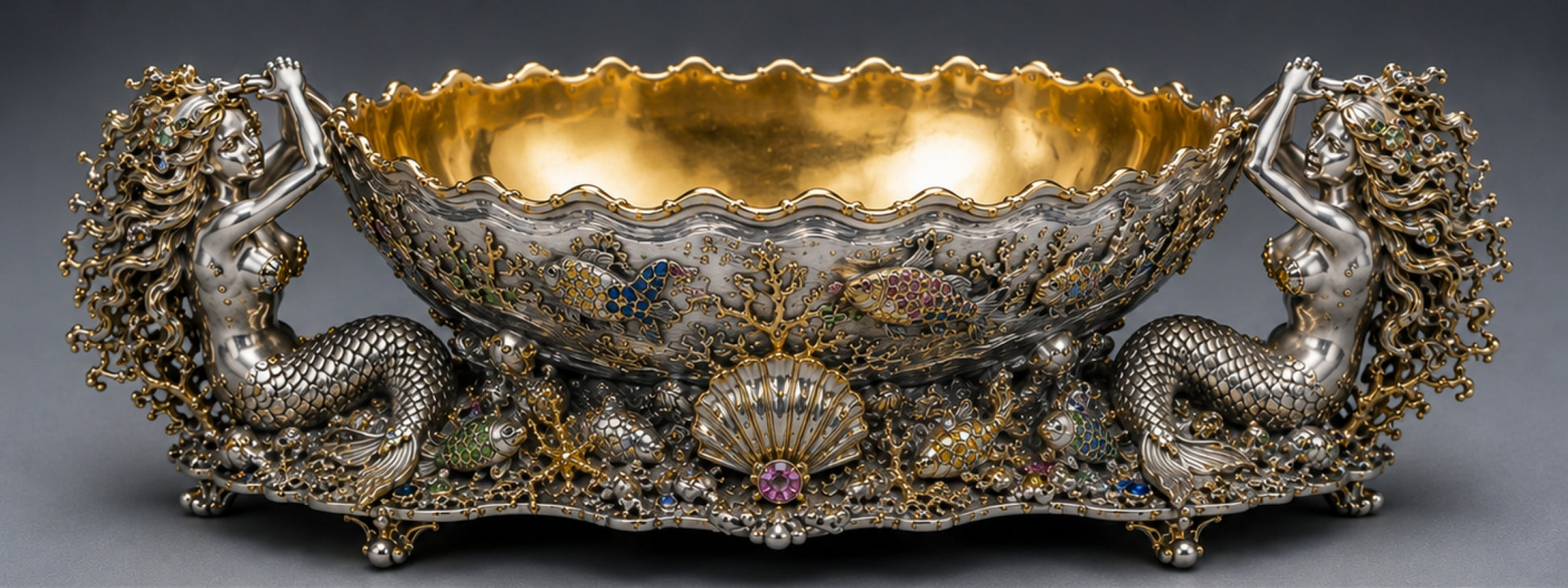 Sterling silver mermaid champagne cooler with 24K gold interior, hot enamel fish, coral and gemstones by Konforti