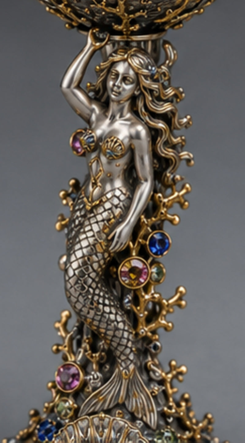 Sculptural sterling silver mermaid stem on Kingdom of the Sea champagne goblet with gold coral and gemstone accents
