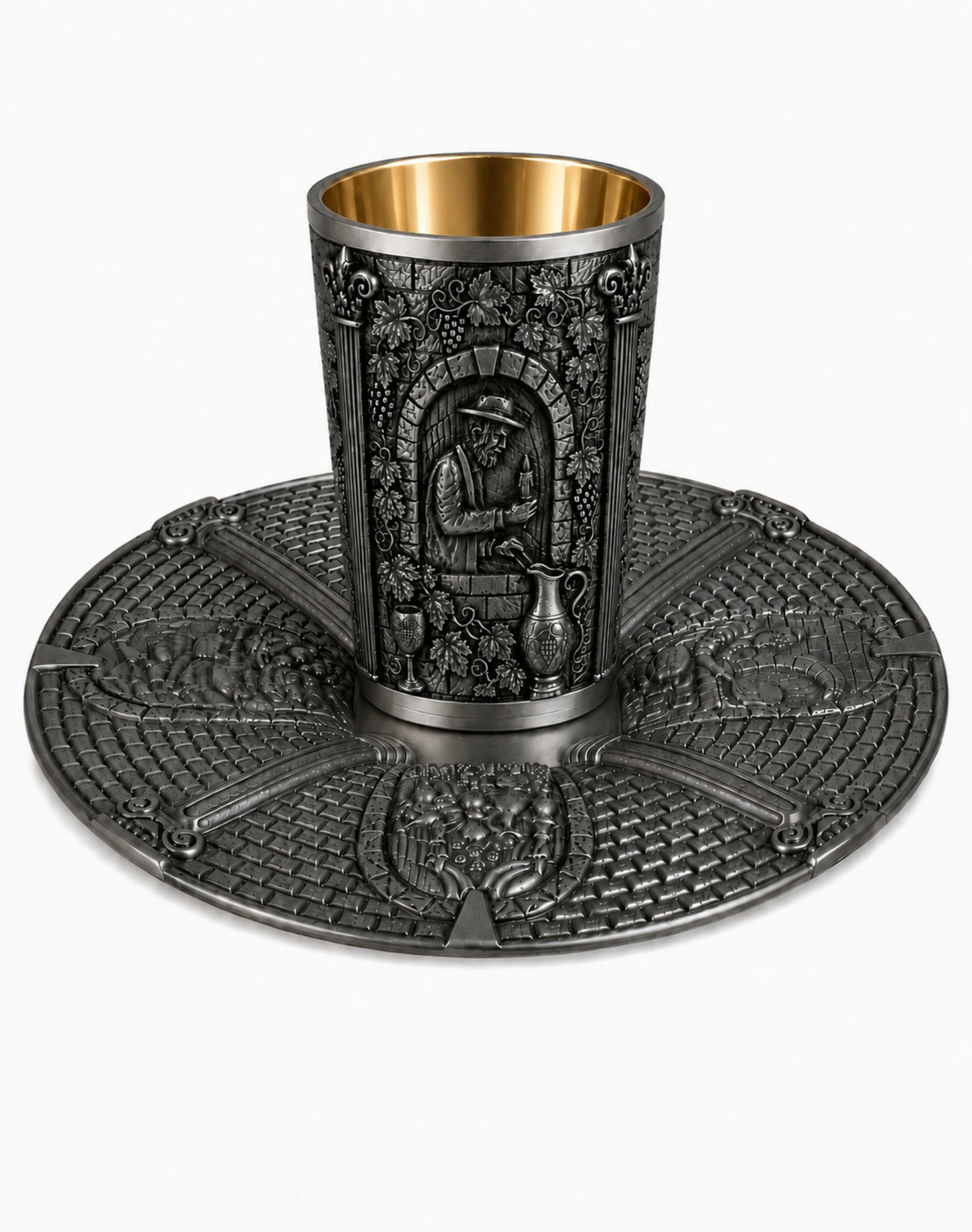 Handcrafted sterling silver Passover Kiddush cup and matching Seder plate set titled “Windows of Freedom,” featuring deep relief scenes from Passover traditions, architectural columns, grapevine motifs, dark silver patina, and a 24K gold vermeil interior.