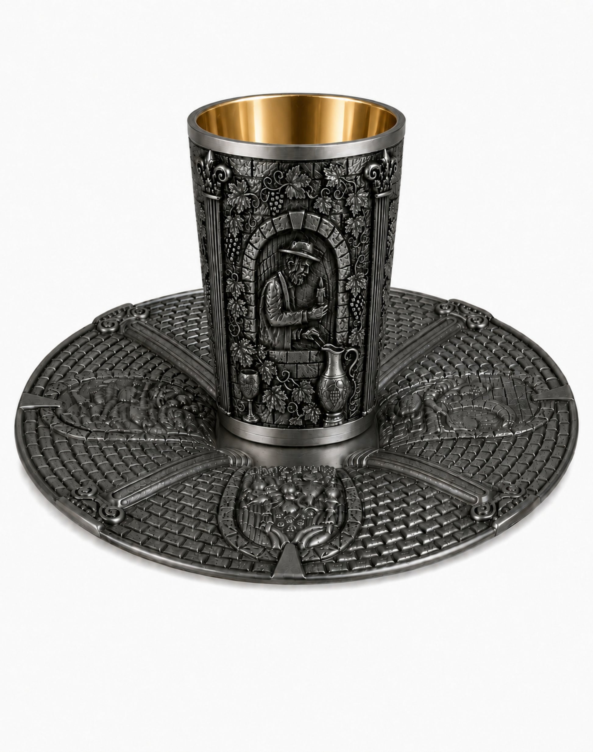 Handcrafted sterling silver Passover Kiddush cup and matching Seder plate set titled “Windows of Freedom,” featuring deep relief scenes from Passover traditions, architectural columns, grapevine motifs, dark silver patina, and a 24K gold vermeil interior.