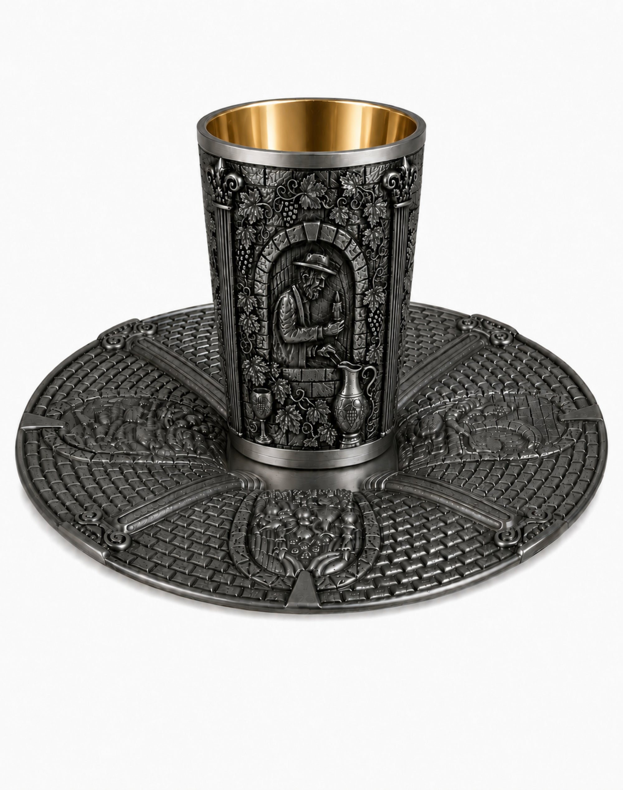 Handcrafted sterling silver Passover Kiddush cup and matching Seder plate set titled “Windows of Freedom,” featuring deep relief scenes from Passover traditions, architectural columns, grapevine motifs, dark silver patina, and a 24K gold vermeil interior.
