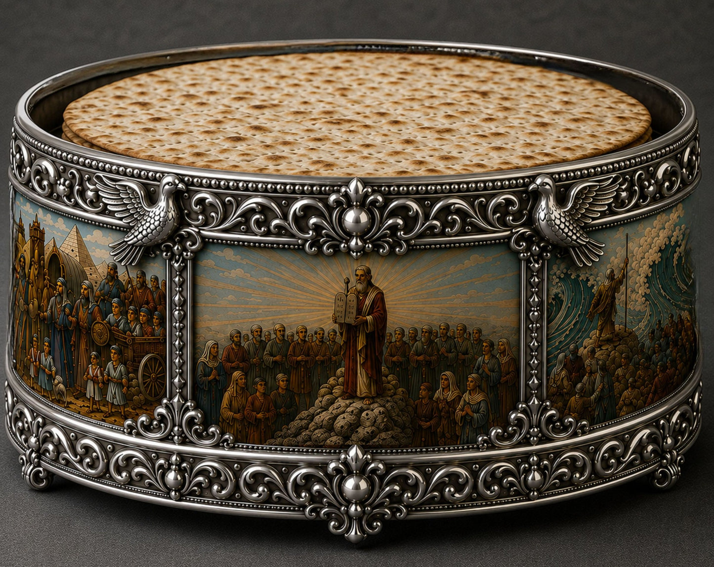 Luxury sterling silver Passover matzah holder with matzah and hand-painted Moses Exodus scenes by Konforti