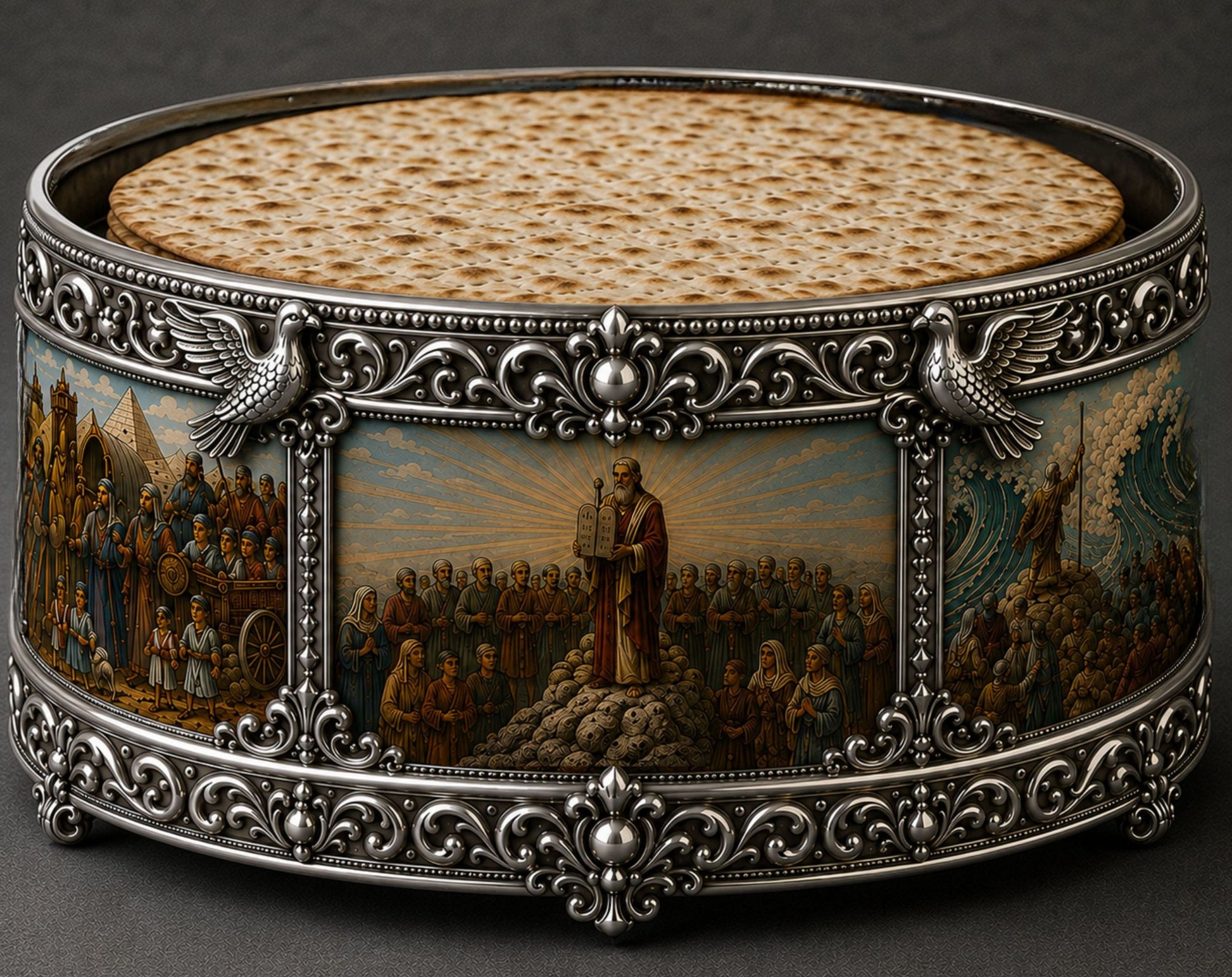 Luxury sterling silver Passover matzah holder with matzah and hand-painted Moses Exodus scenes by Konforti