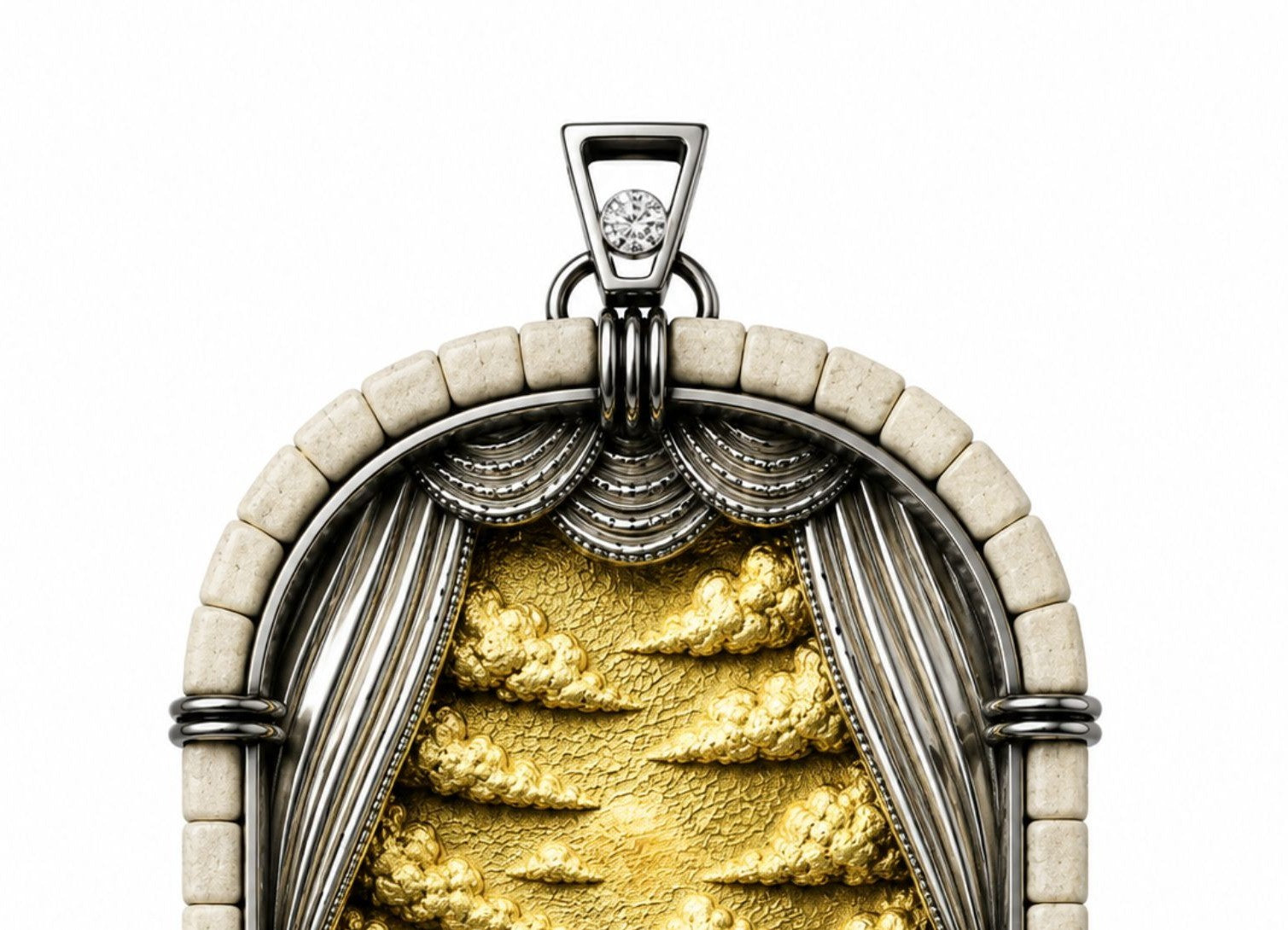 Close-up of gilded cloud relief and diamond bail on Days of Creation Second Day pendant by Konforti Jewelry