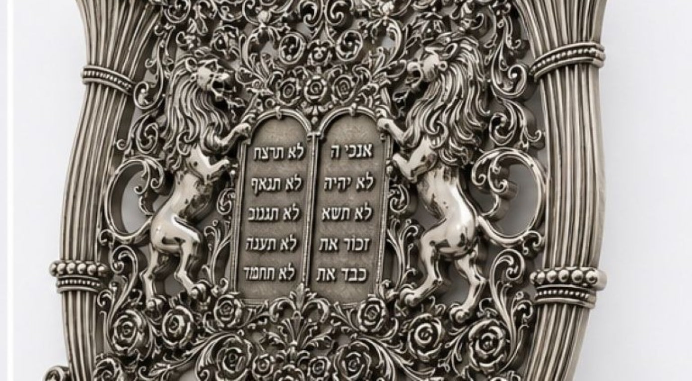 Close-up of sculpted heraldic lion surrounded by roses and scrolling foliage on handcrafted oxidized sterling silver Torah shield for Sefer Torah.
