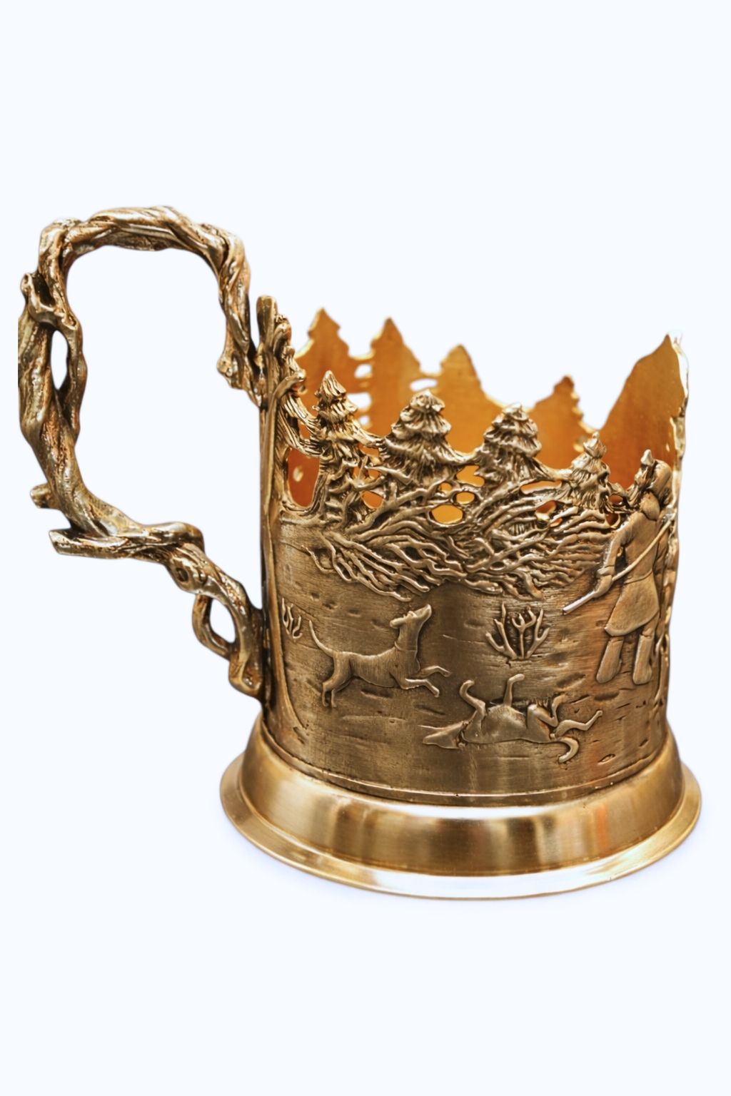 Sterling silver cup holder with sculpted winter forest story scene and gold interior, handcrafted relief