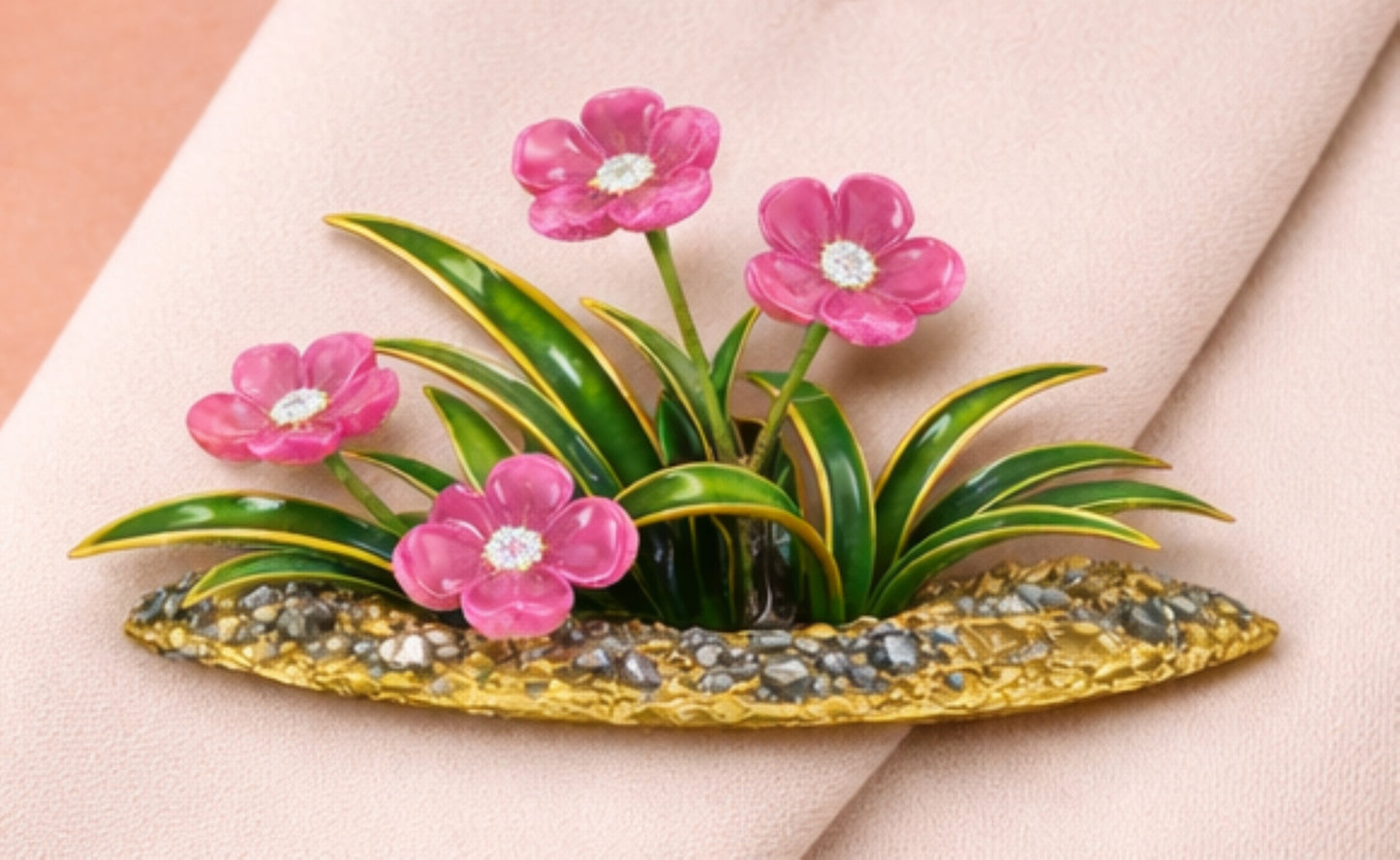Close-up of hand-carved pink tourmaline flowers with brilliant diamond centers and luminous green hot enamel leaves on the Blooming Harmony brooch.