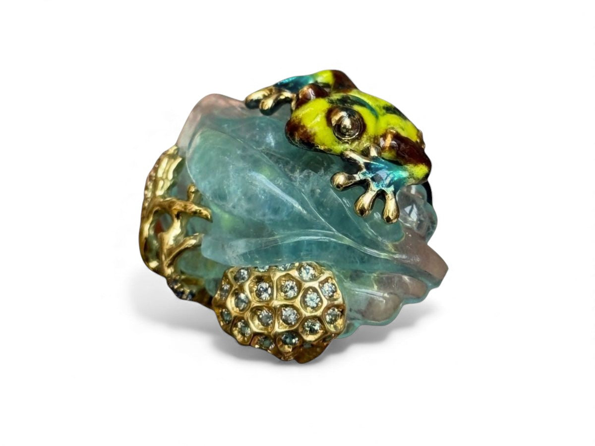 Top view of the Summer Pond handcrafted ring displaying the intricate 64ct aquamarine carving, Limoges-inspired hot enamel work, and multi-color sapphires.