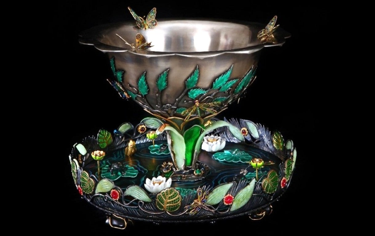 Full view of the “Summer Pond” monumental sculptural centerpiece in solid silver, art glass, gemstones, and hot enamel, depicting a serene pond with hand-carved natural elements and fine jewelry detailing.