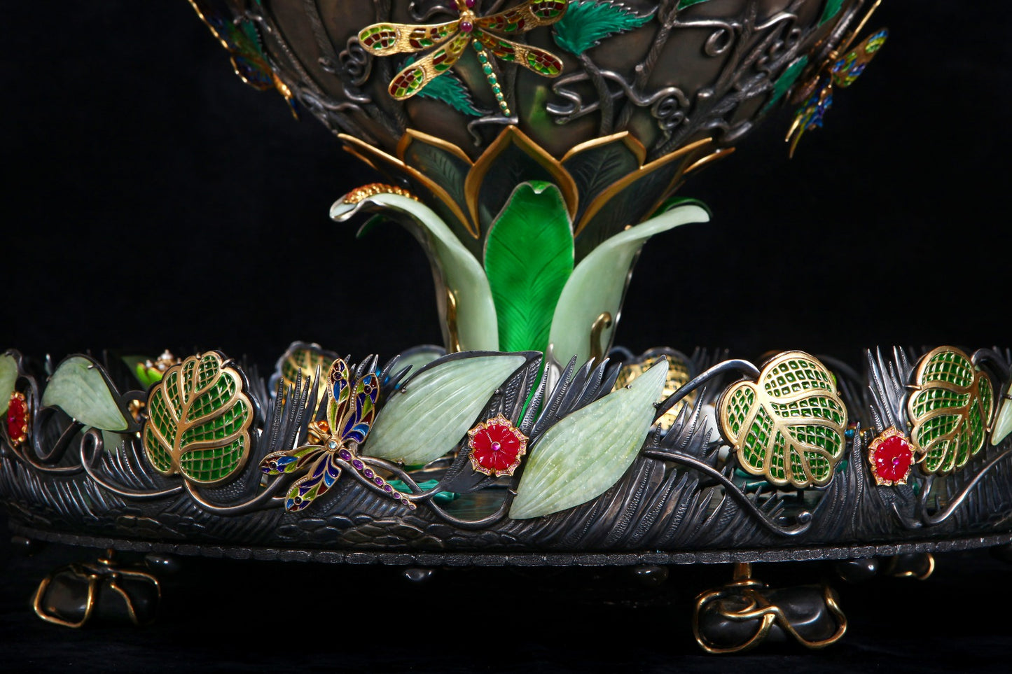 Lower section detail of the “Summer Pond” sculptural centerpiece showing solid silver engraving, gemstone inlays, guilloche work, and transparent hot enamel textures.