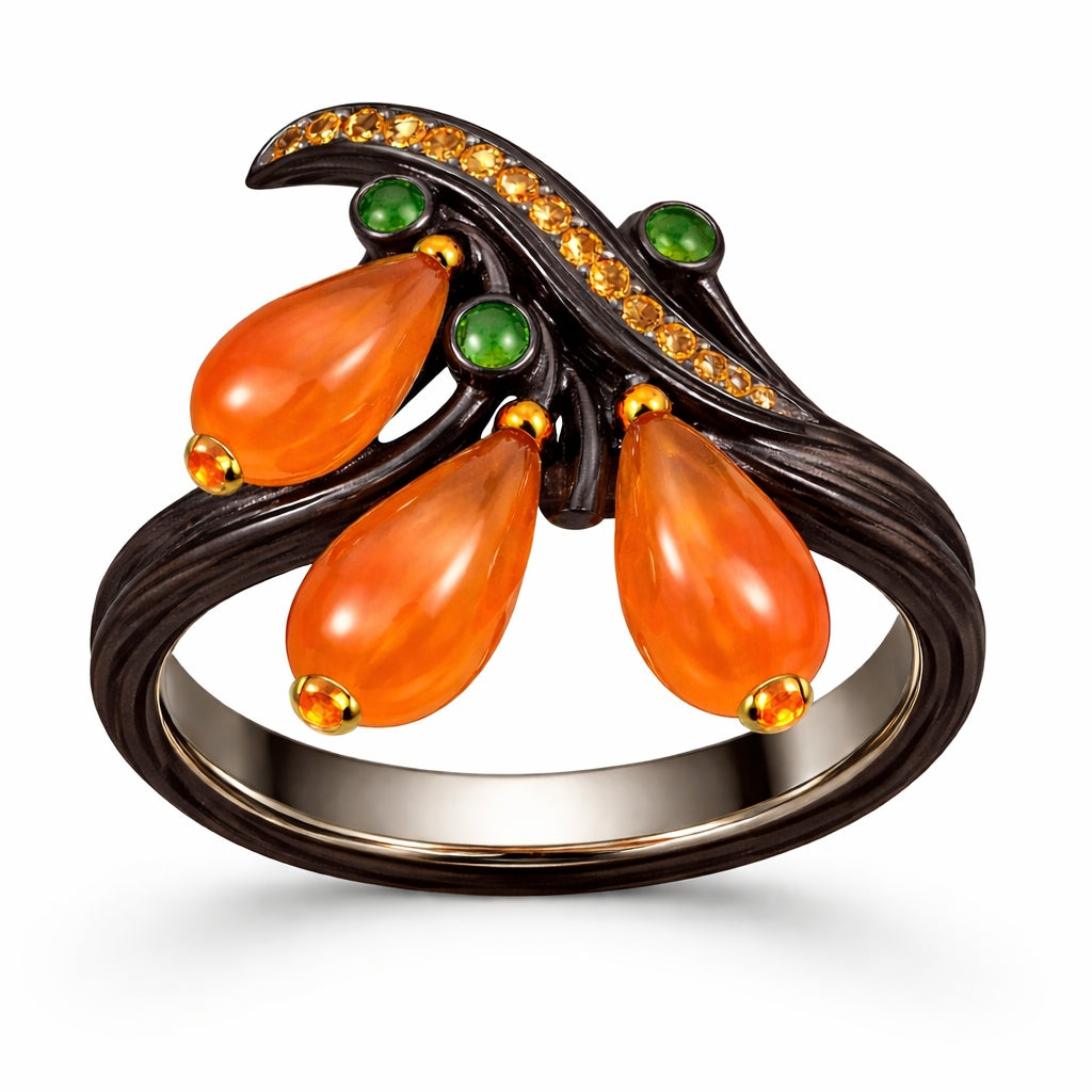 Sculptural Sunset in Ebony ring in 18K gold with hand carved ebony wood, orange nephrite drops, tsavorites and sapphires