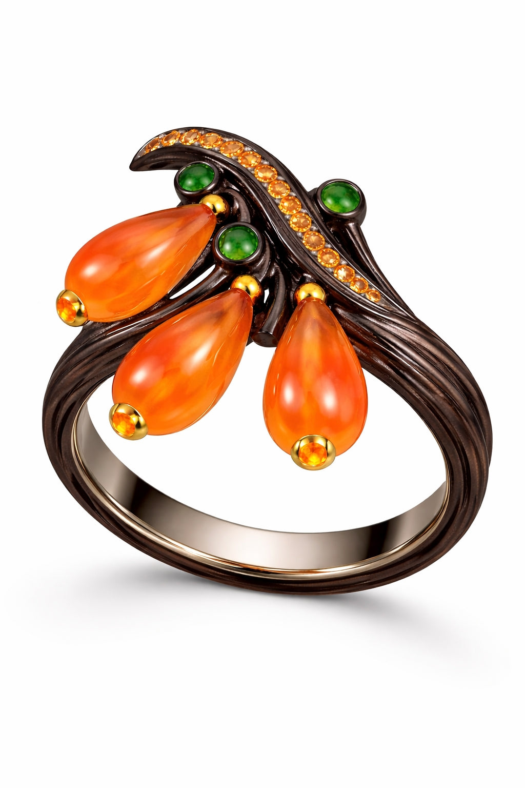 Angled view of ebony wood statement ring with nephrite gemstones, tsavorite accents and sapphire detailing in 18K gold
