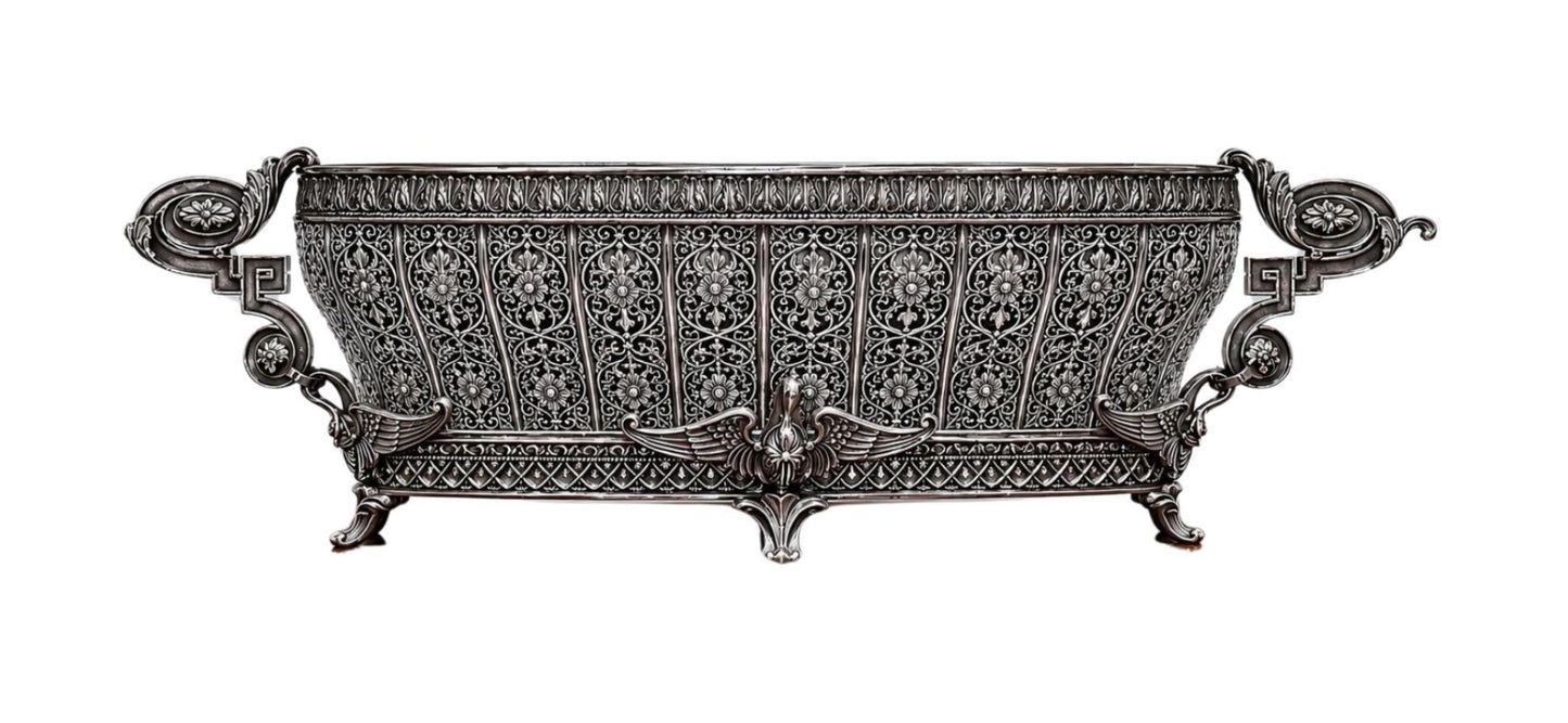 Swan Fidelity imperial sterling silver centerpiece vase inspired by Fabergé, featuring intricate openwork floral ornamentation, sculpted swan motifs, oxidized silver finish, and museum-quality handcrafted artistry.