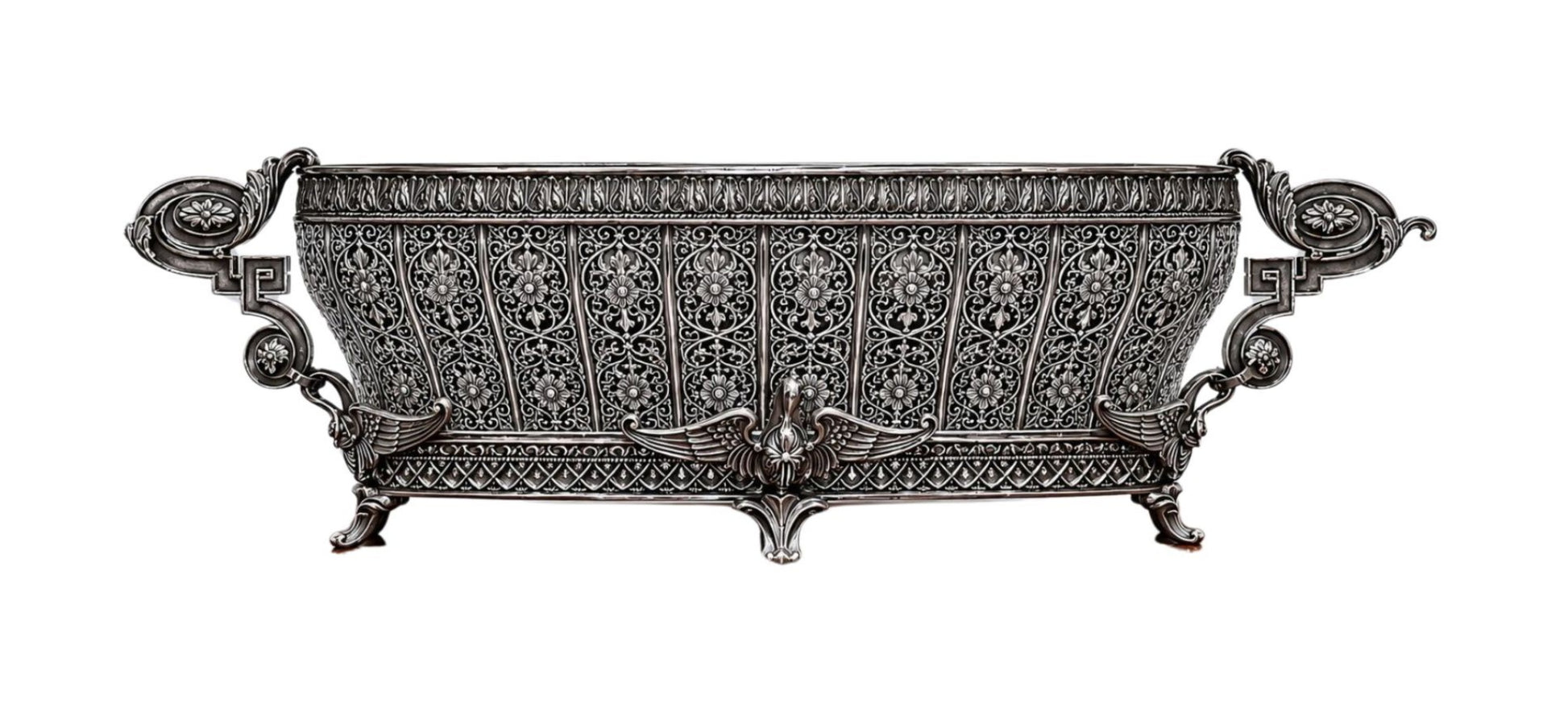 Swan Fidelity imperial sterling silver centerpiece vase inspired by Fabergé, featuring intricate openwork floral ornamentation, sculpted swan motifs, oxidized silver finish, and museum-quality handcrafted artistry.