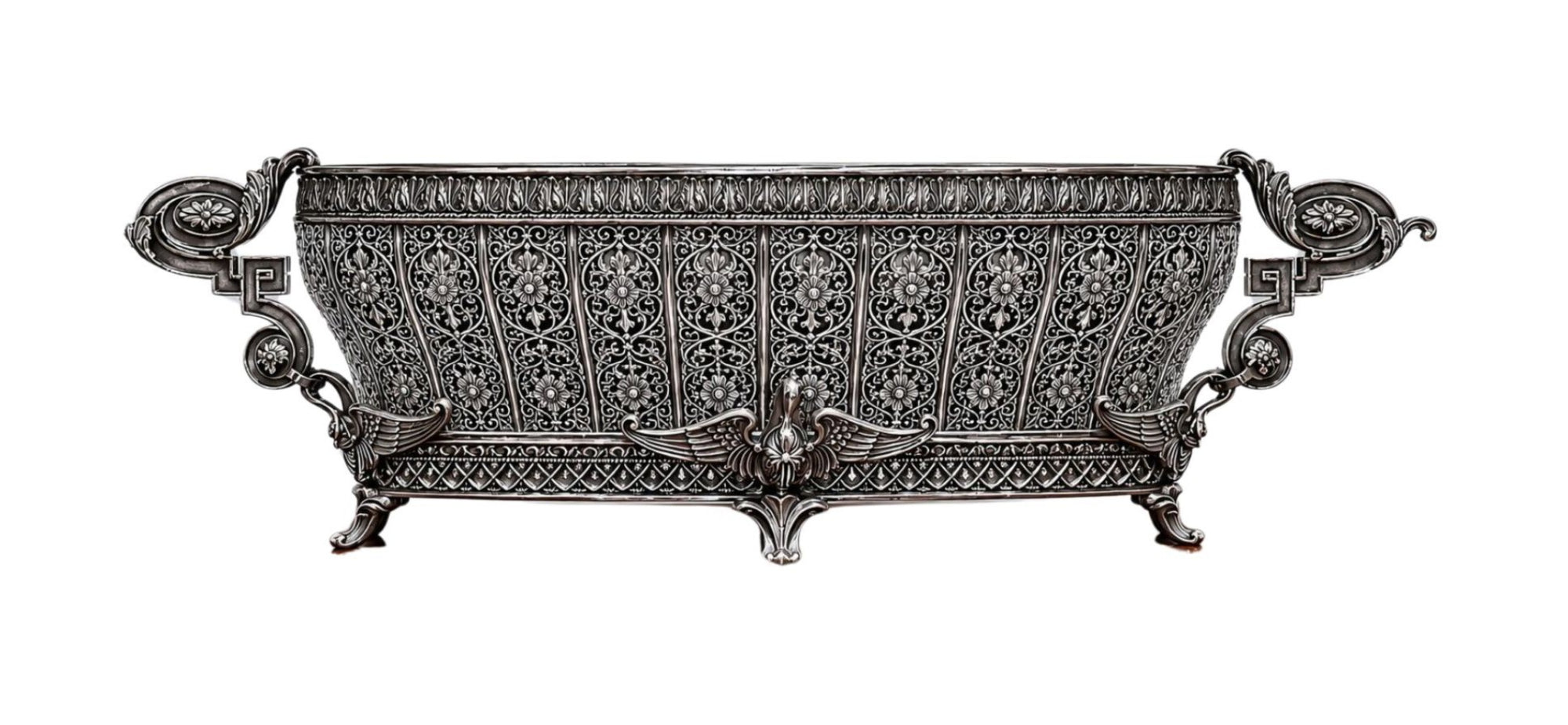 Swan Fidelity imperial sterling silver centerpiece vase inspired by Fabergé, featuring intricate openwork floral ornamentation, sculpted swan motifs, oxidized silver finish, and museum-quality handcrafted artistry.
