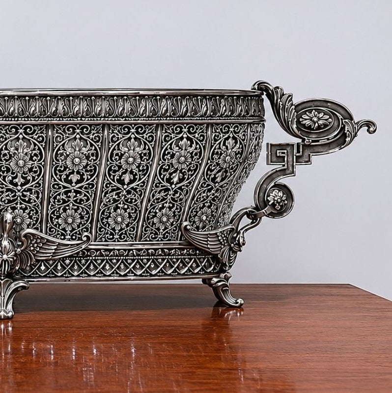 Museum-style Swan Fidelity sterling silver centerpiece vase with symmetrical swan motifs, richly detailed openwork panels, oxidized finish, and Fabergé-inspired luxury craftsmanship.