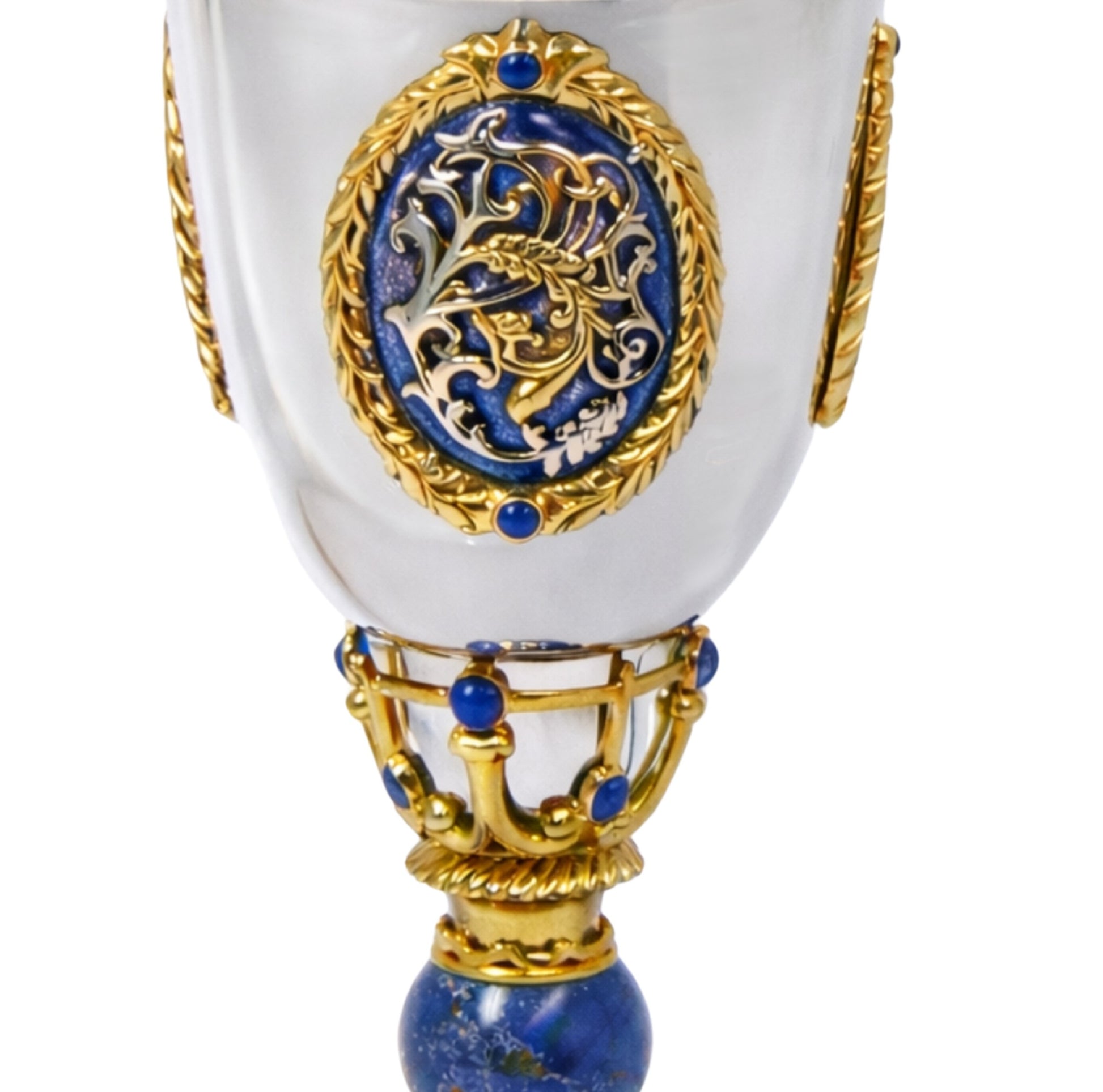 Close up of heraldic medallion on Swan Sky Imperial silver goblet with lapis lazuli and gold ornament