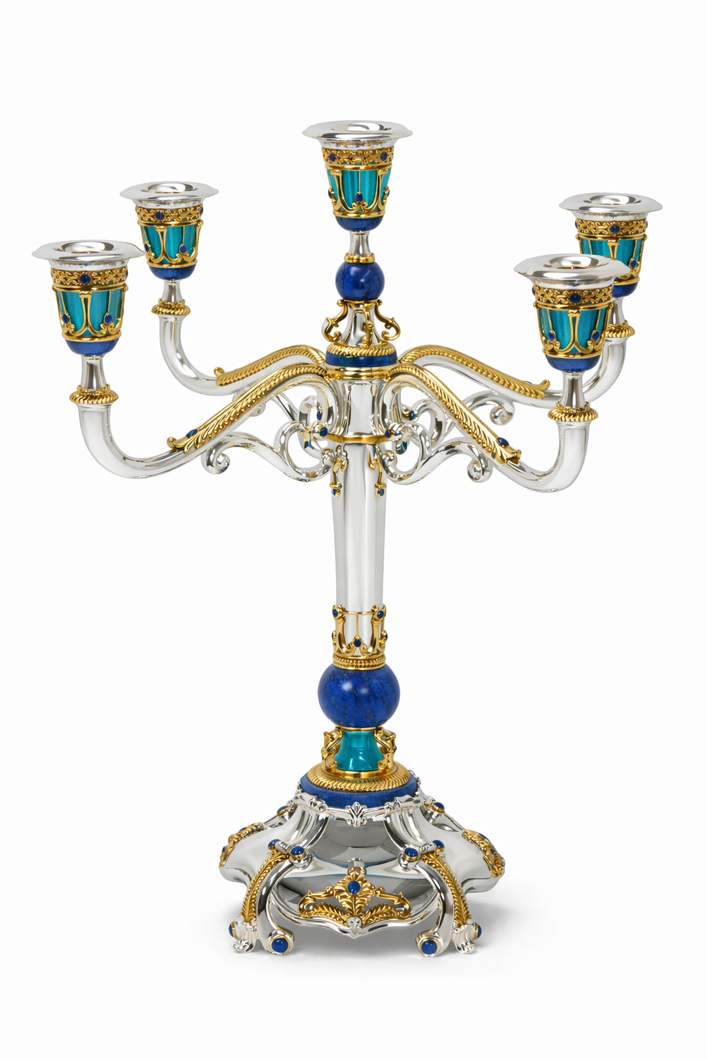 Monumental Swan Sky imperial five arm candelabrum handcrafted in solid silver with lapis lazuli, 24k gold gilding and guilloché enamel by Konforti Jewelry
