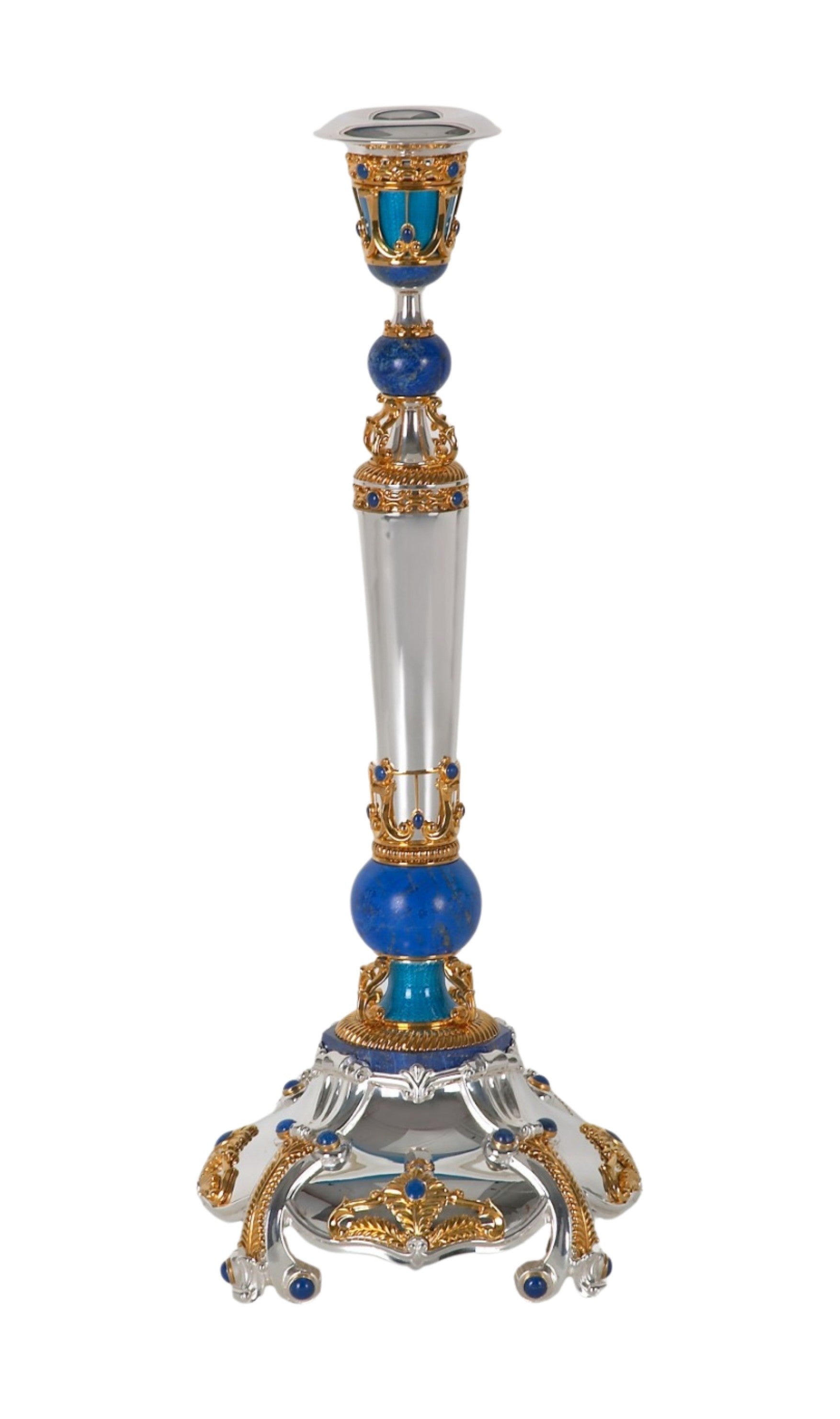 Single Swan Sky Imperial candlestick in mirror polished silver with 24k gold gilding, natural lapis lazuli and enamel detailing from the Konforti Jewelry collection