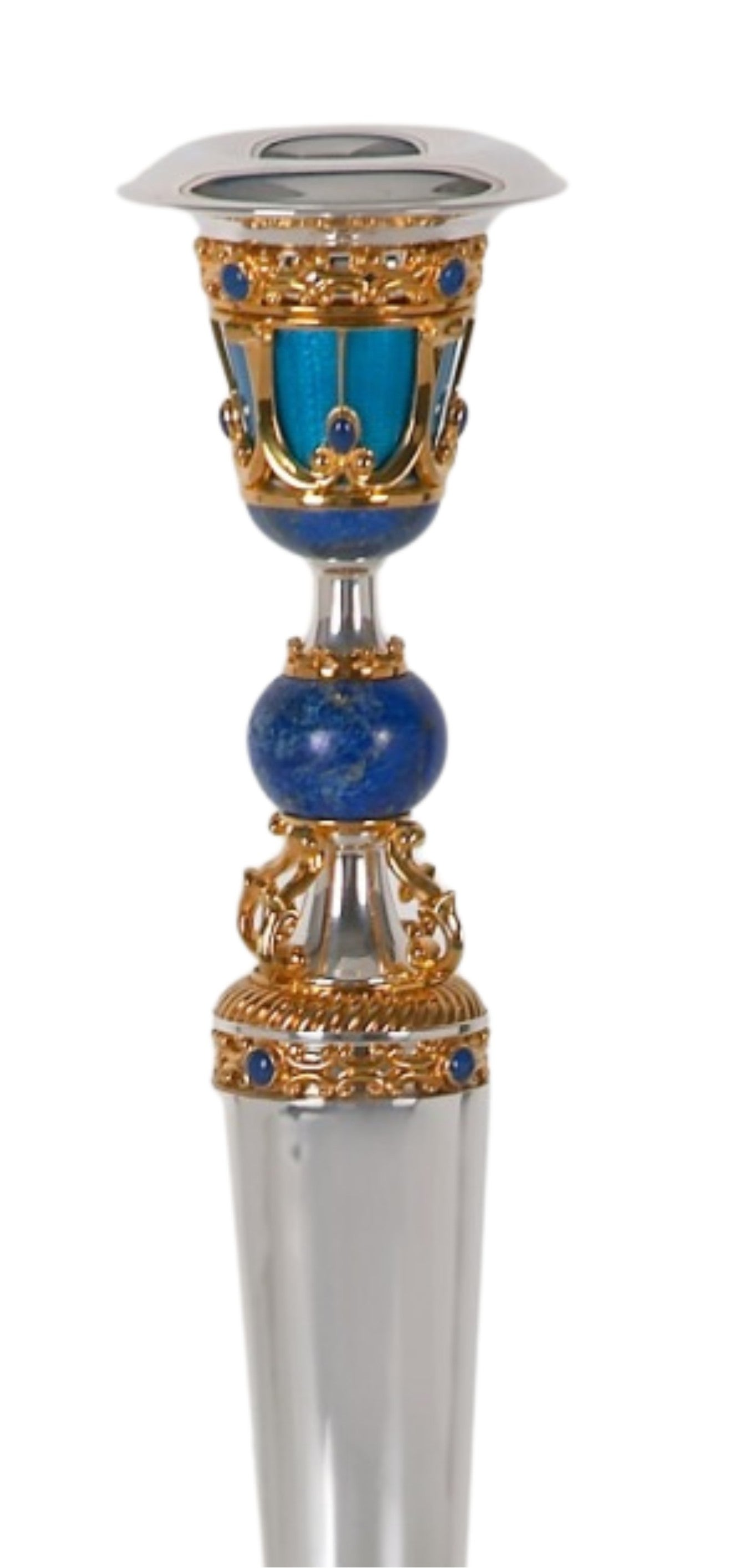 Close up of Swan Sky Imperial candlestick cup and upper stem showing gold gilded ornament, lapis lazuli sphere and turquoise hot enamel over guilloché engraving