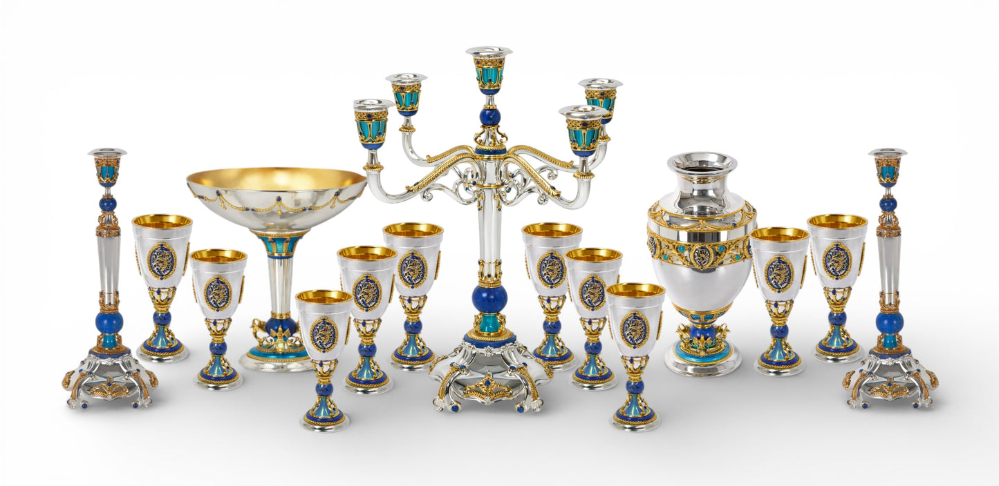 Complete Swan Sky Imperial garniture set including candlesticks, goblets, centerpiece bowl and candelabrum handcrafted in silver, gold, lapis lazuli and enamel by Konforti Jewelry