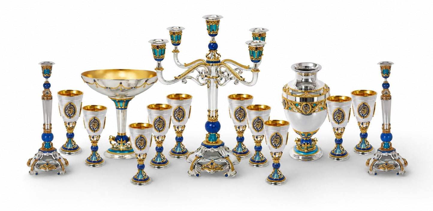 Swan Sky Monumental Imperial Style Silver, Lapis Lazuli and Enamel Garniture Set
